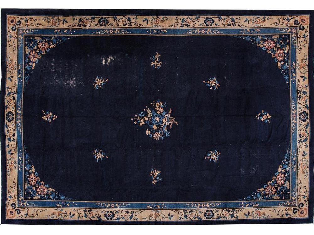 Antique Blue Chinese Art Deco Wool Rug 12 X 17