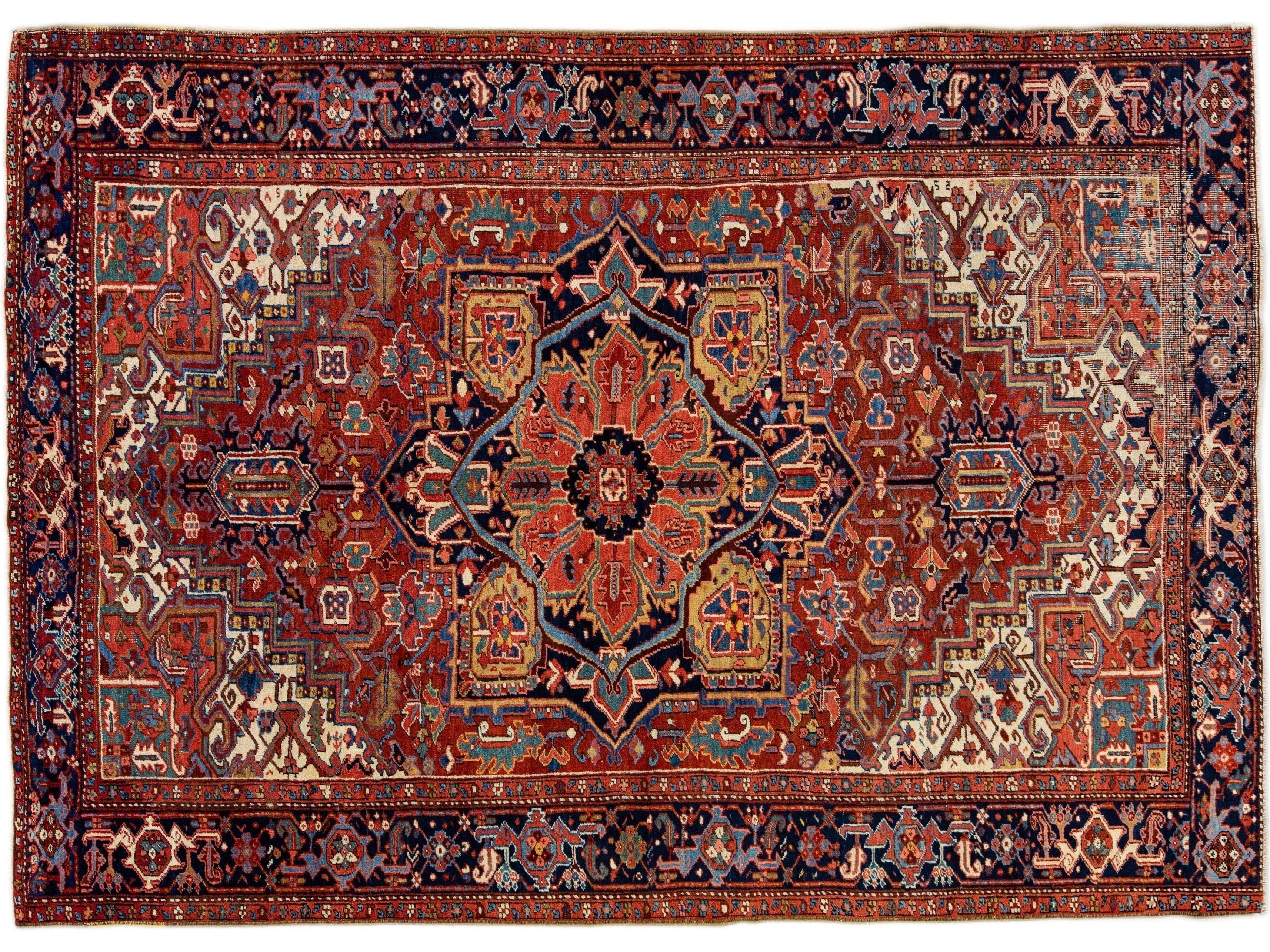 Antique Persian Heriz Handmade Wool Rug With Multicolor Medallion Design