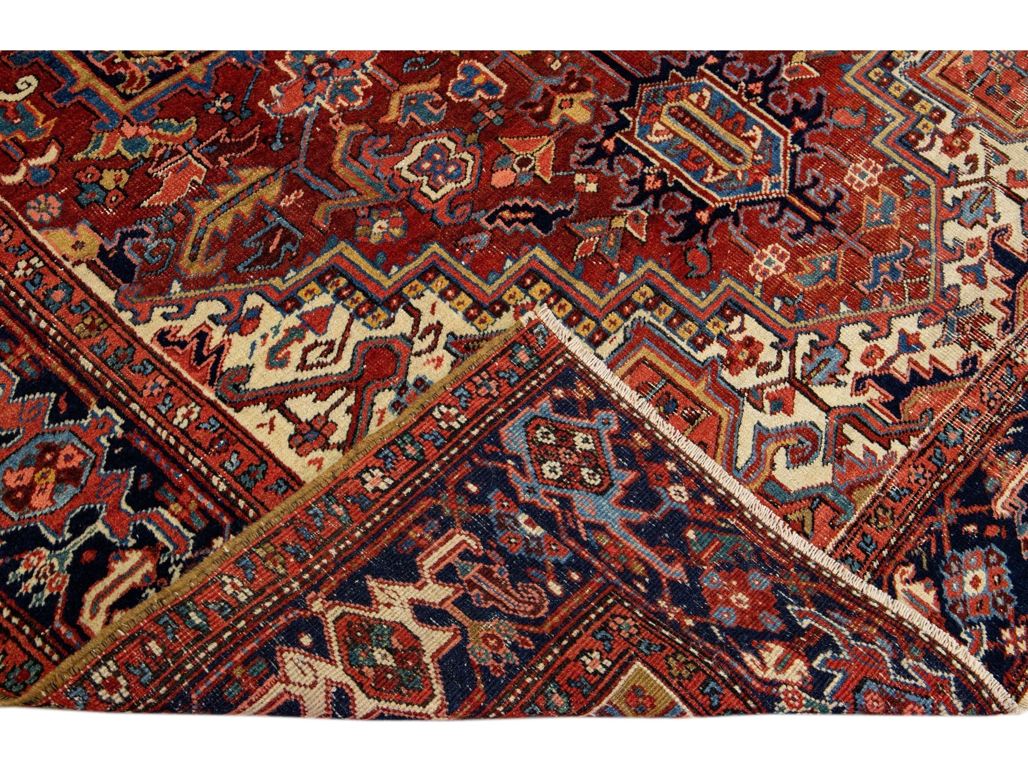 Antique Persian Heriz Handmade Wool Rug With Multicolor Medallion Design
