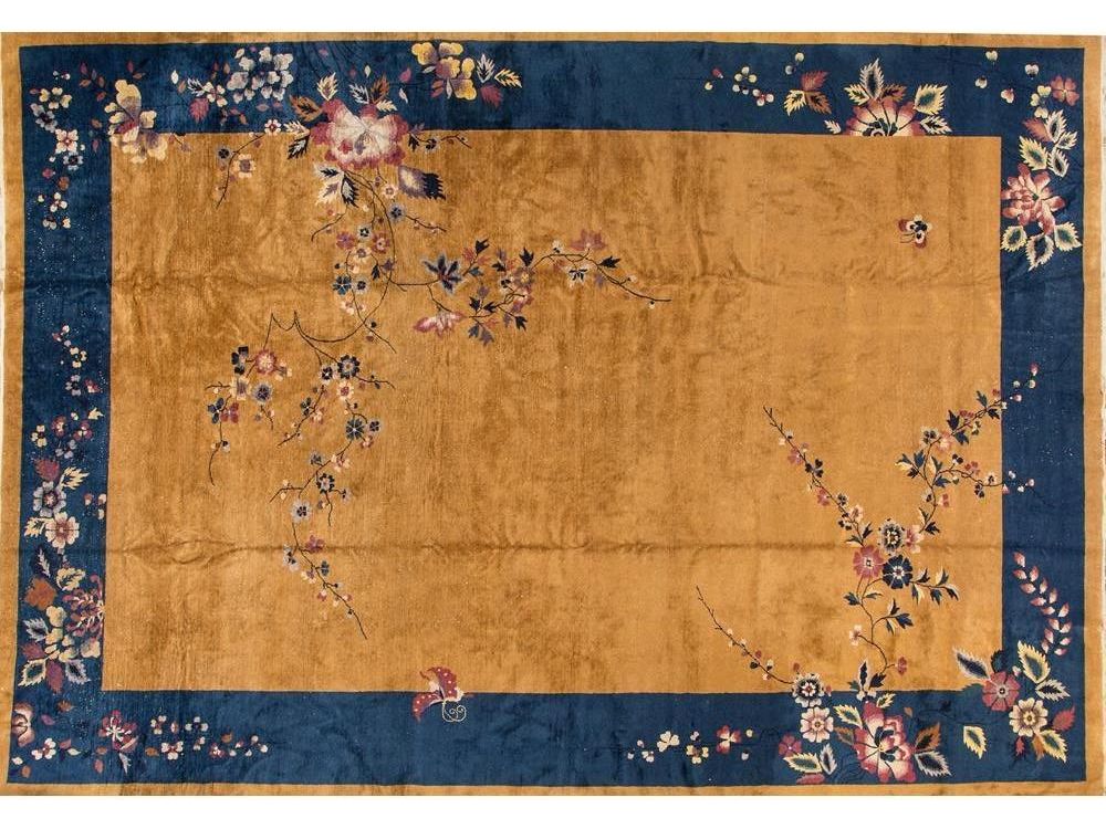 Antique Goldenrod Chinese Art Deco Wool Rug 12 X 18