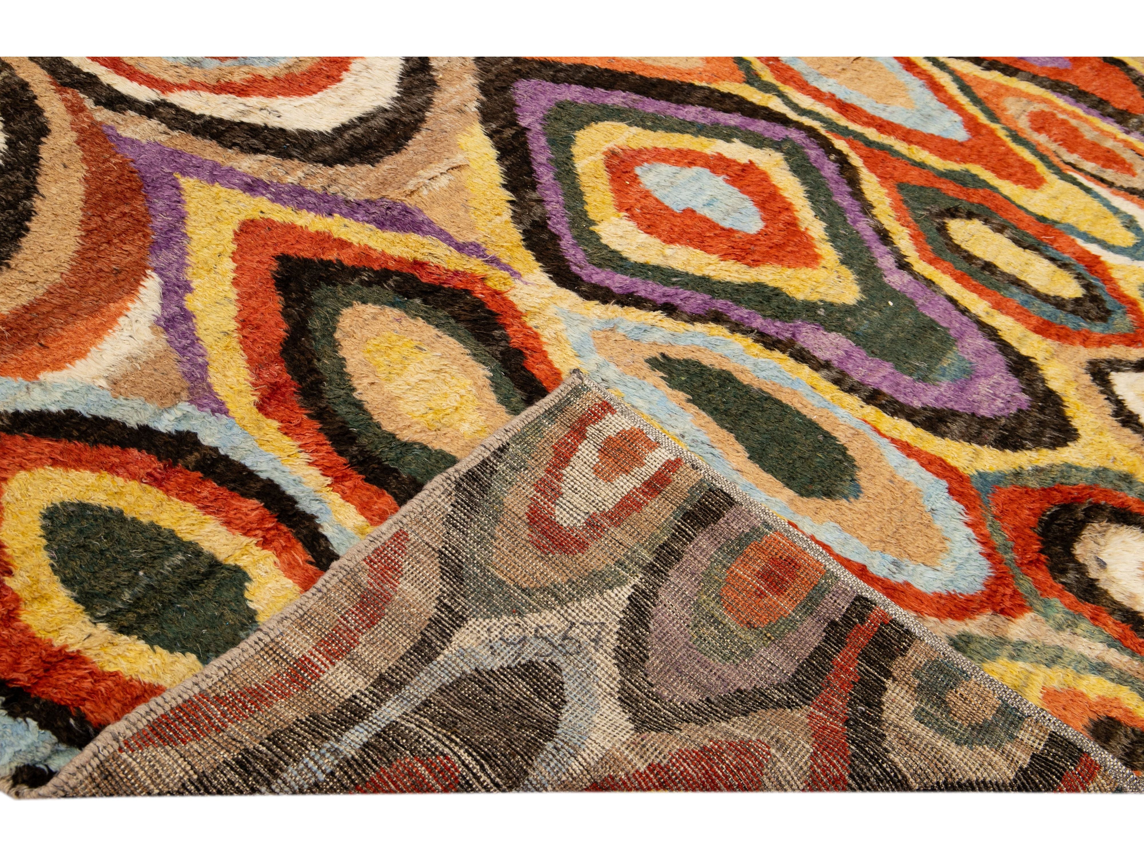 Beige Modern Moroccan Style Handmade Multicolor Abstract Motif Wool Rug
