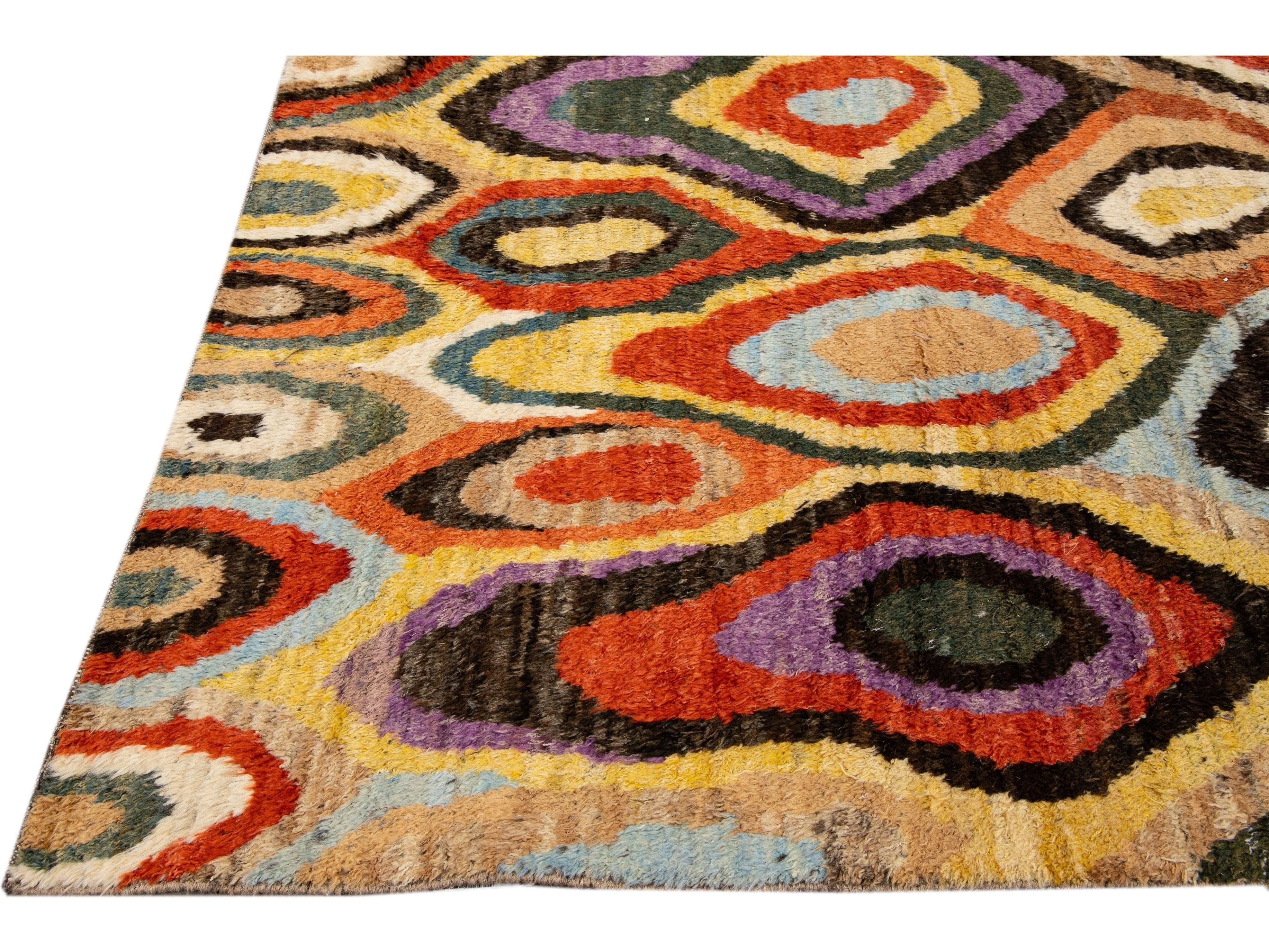 Beige Modern Moroccan Style Handmade Multicolor Abstract Motif Wool Rug