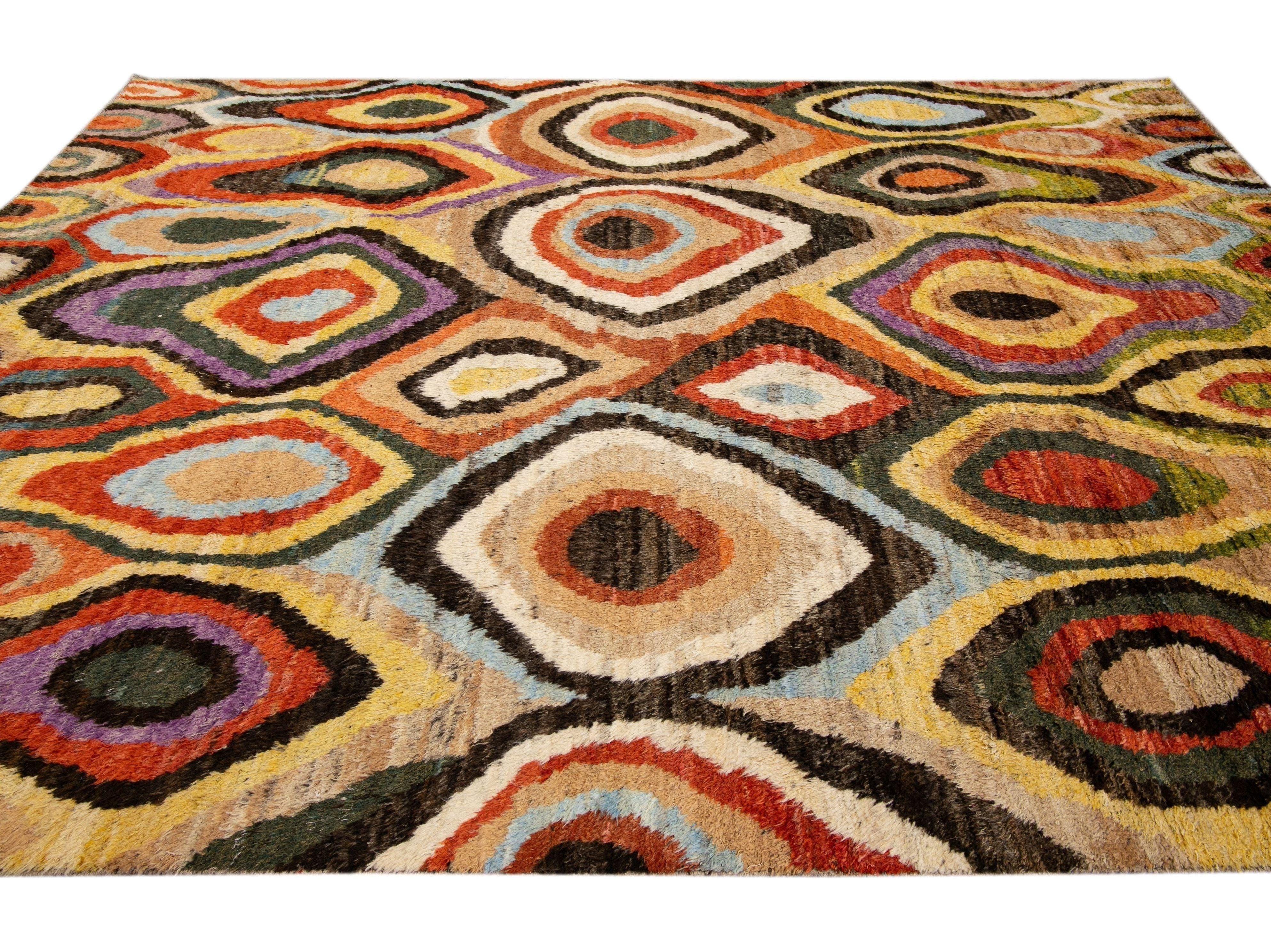 Beige Modern Moroccan Style Handmade Multicolor Abstract Motif Wool Rug