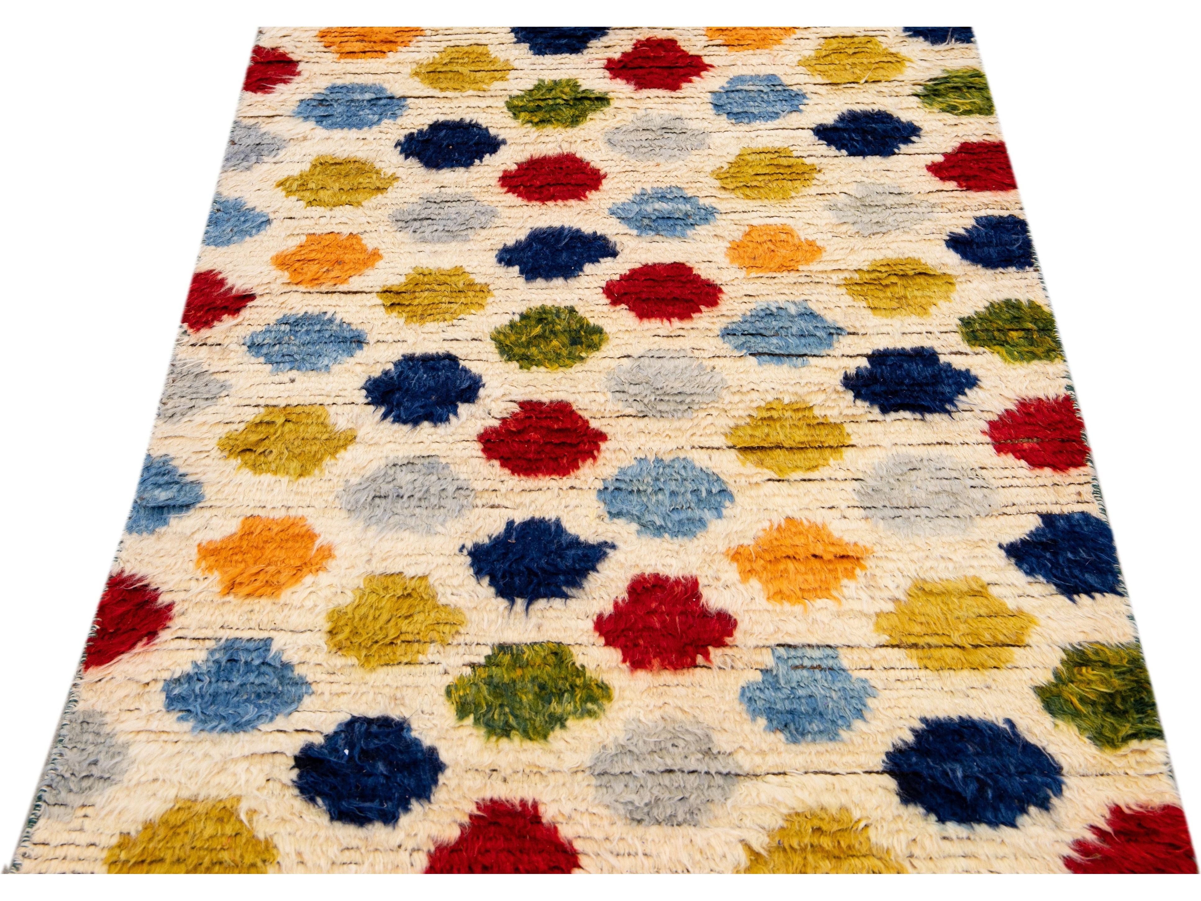 Ivory Modern Moroccan Style Handmade Multicolor Dots Designed Wool Runner