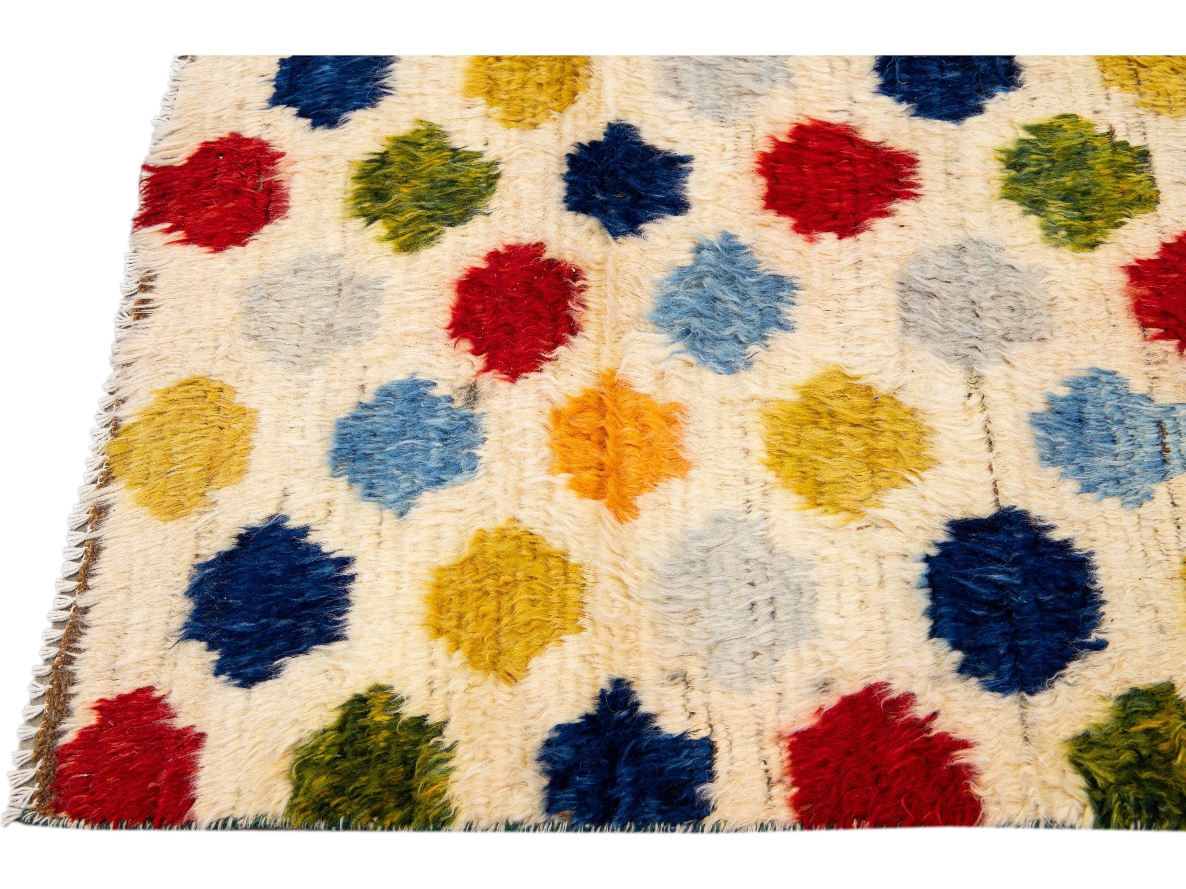 Ivory Modern Moroccan Style Handmade Multicolor Dots Designed Wool Runner