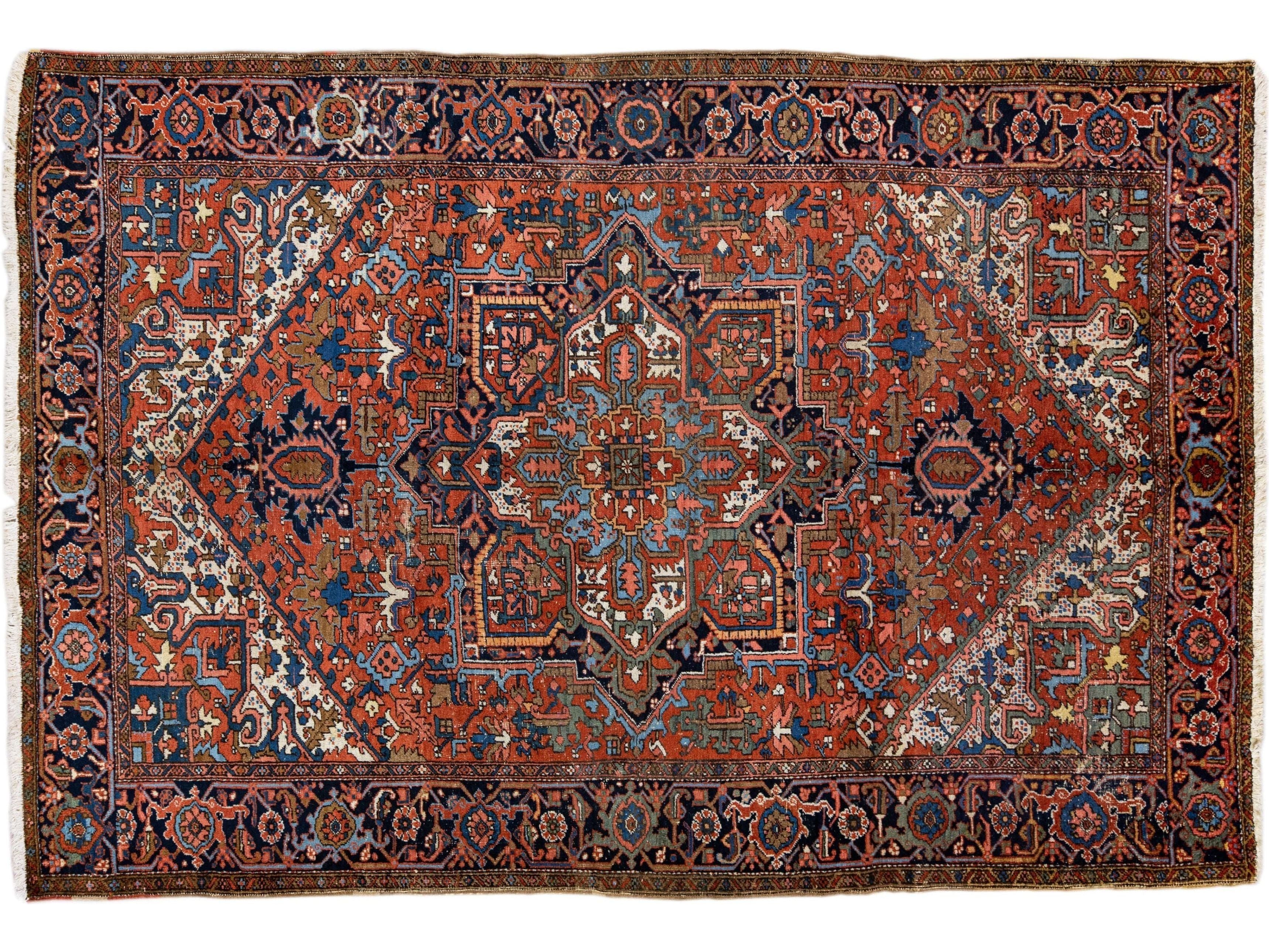 Antique Persian Heriz Handmade Allover Pattern Red Wool Rug