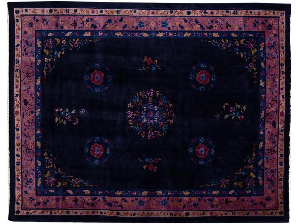 Antique Art Deco Dark Indigo Chinese Wool Rug  9 X 12