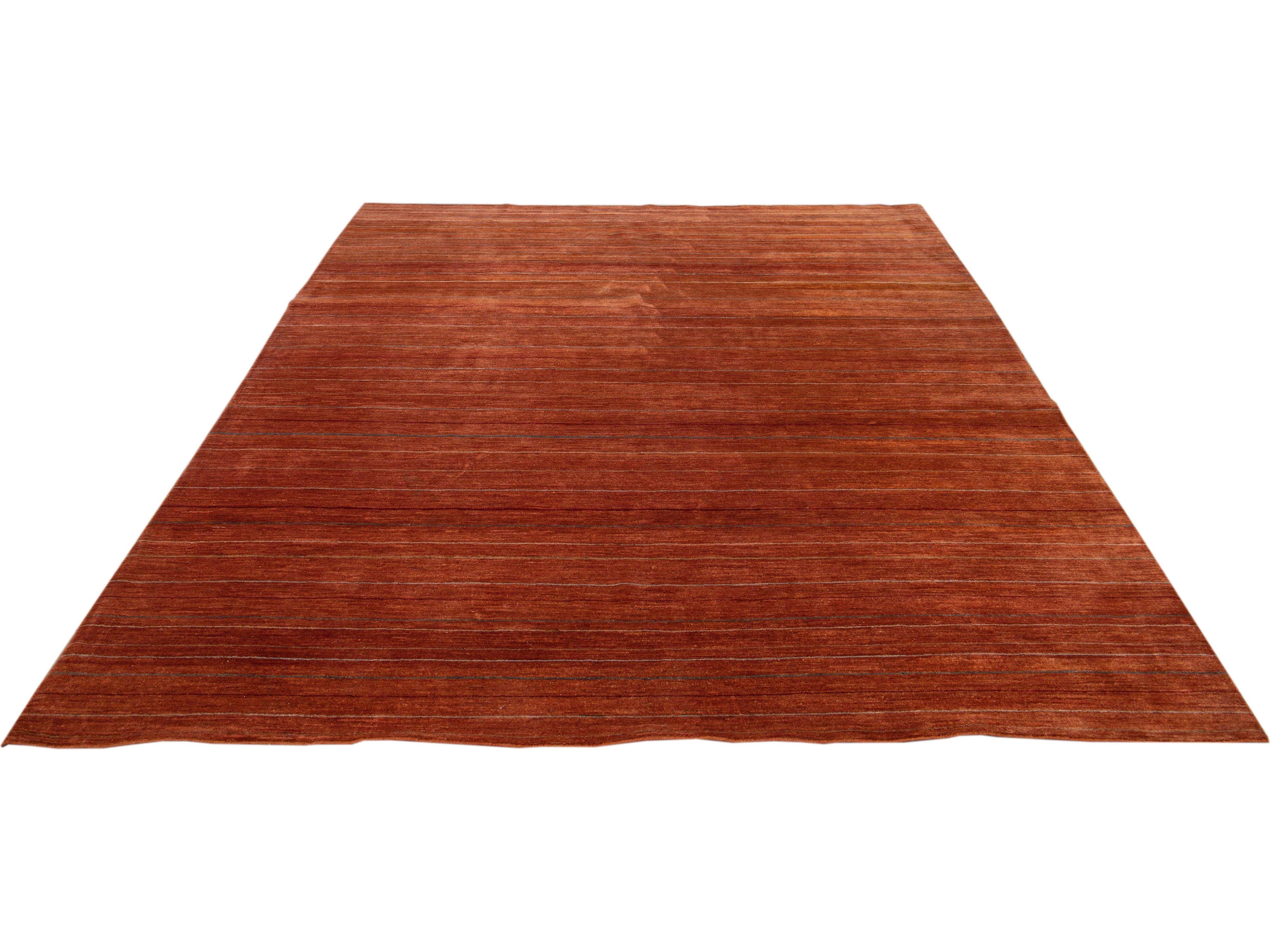 Modern Gabbeh Style Handmade Striped Copper Wool Rug