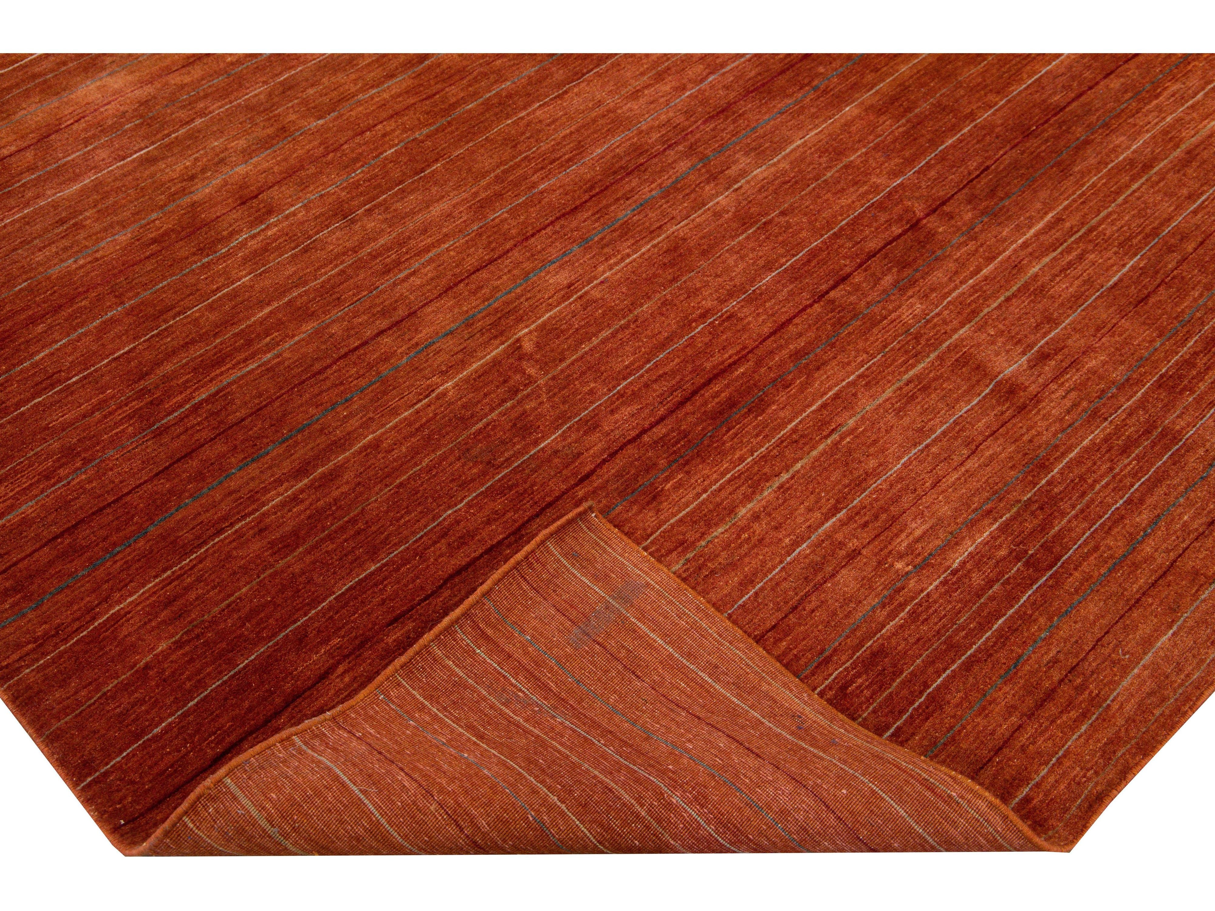 Modern Gabbeh Style Handmade Striped Copper Wool Rug