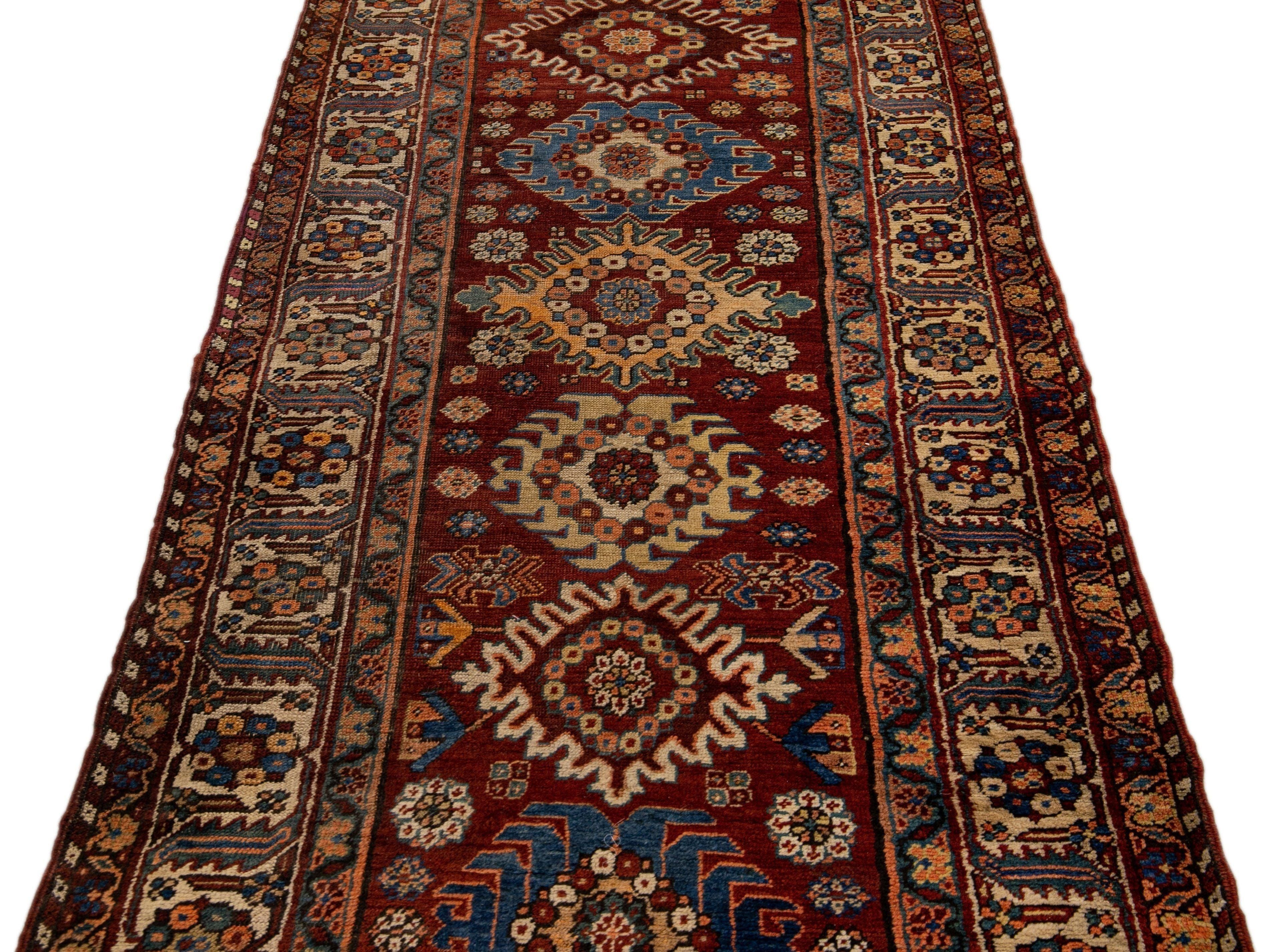 Red Antique Serapi Persian Handmade Multi Medallion Motif Wool Runner