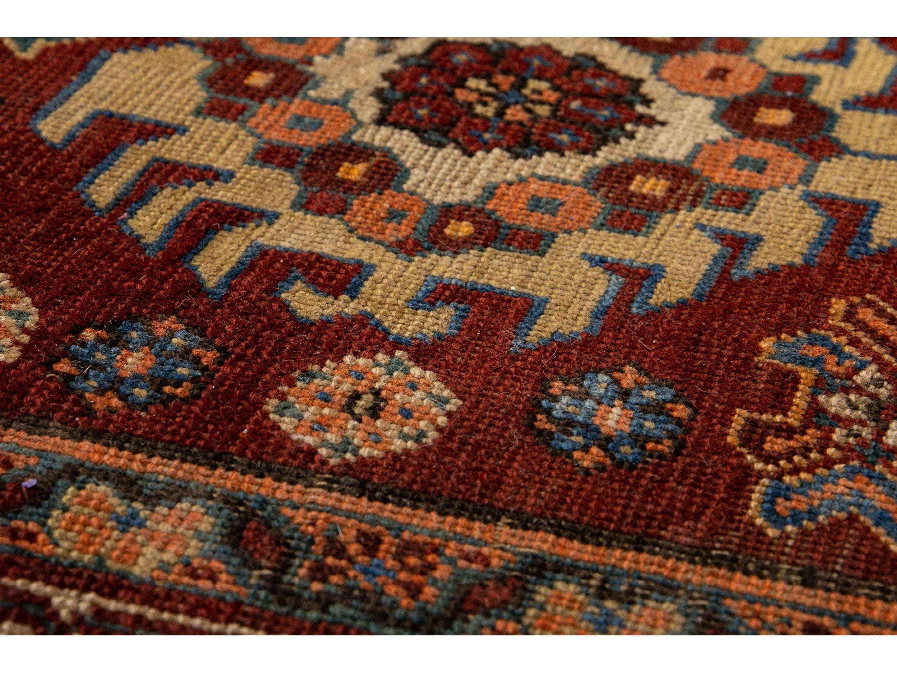 Red Antique Serapi Persian Handmade Multi Medallion Motif Wool Runner