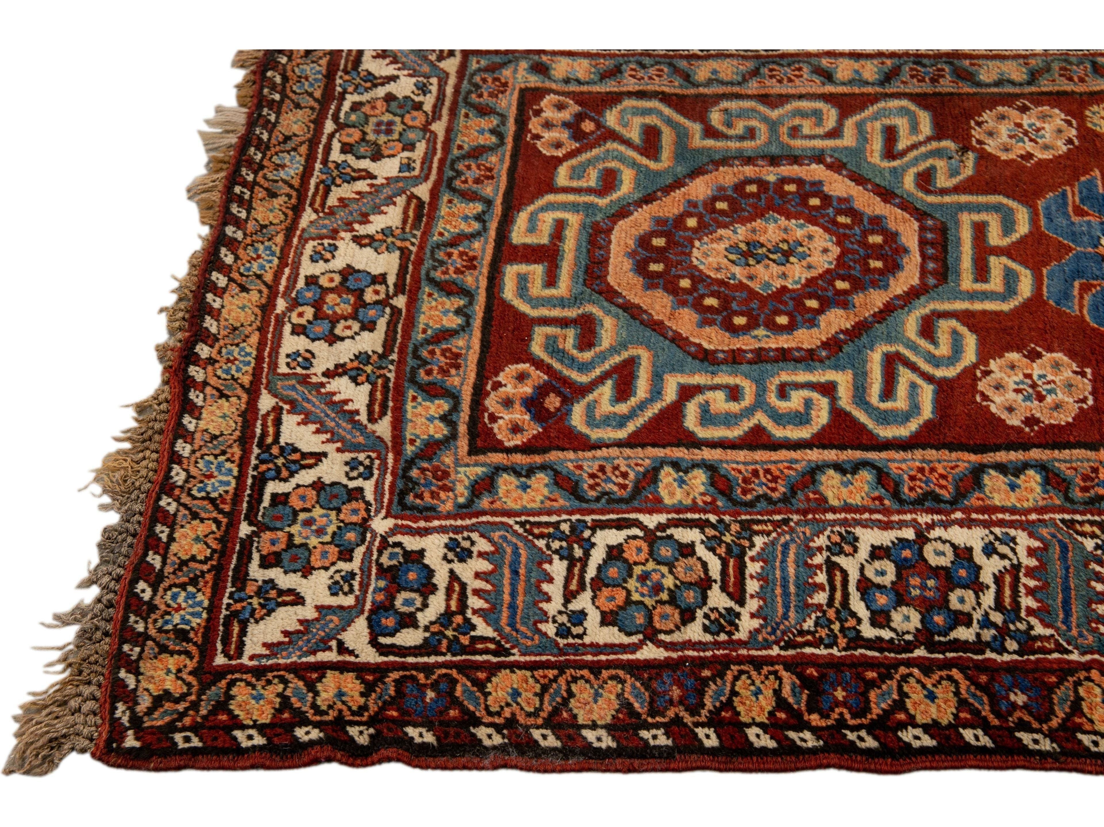 Red Antique Serapi Persian Handmade Multi Medallion Motif Wool Runner