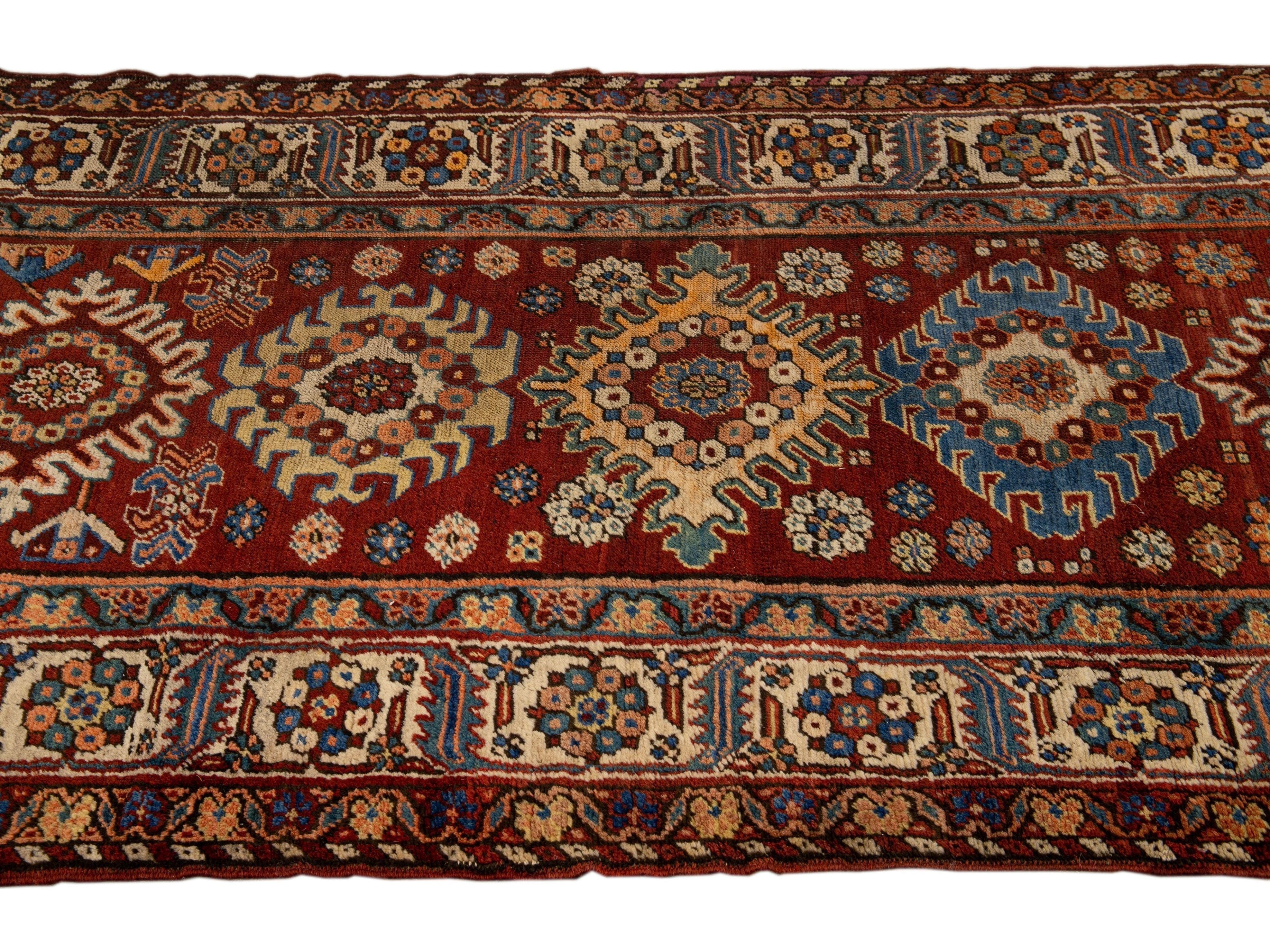 Red Antique Serapi Persian Handmade Multi Medallion Motif Wool Runner