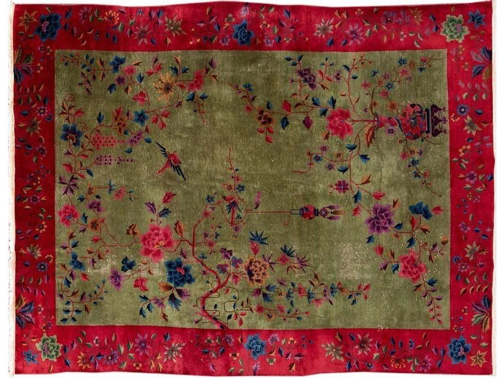 Antique Green Art Deco Chinese Wool Rug 9 X 11