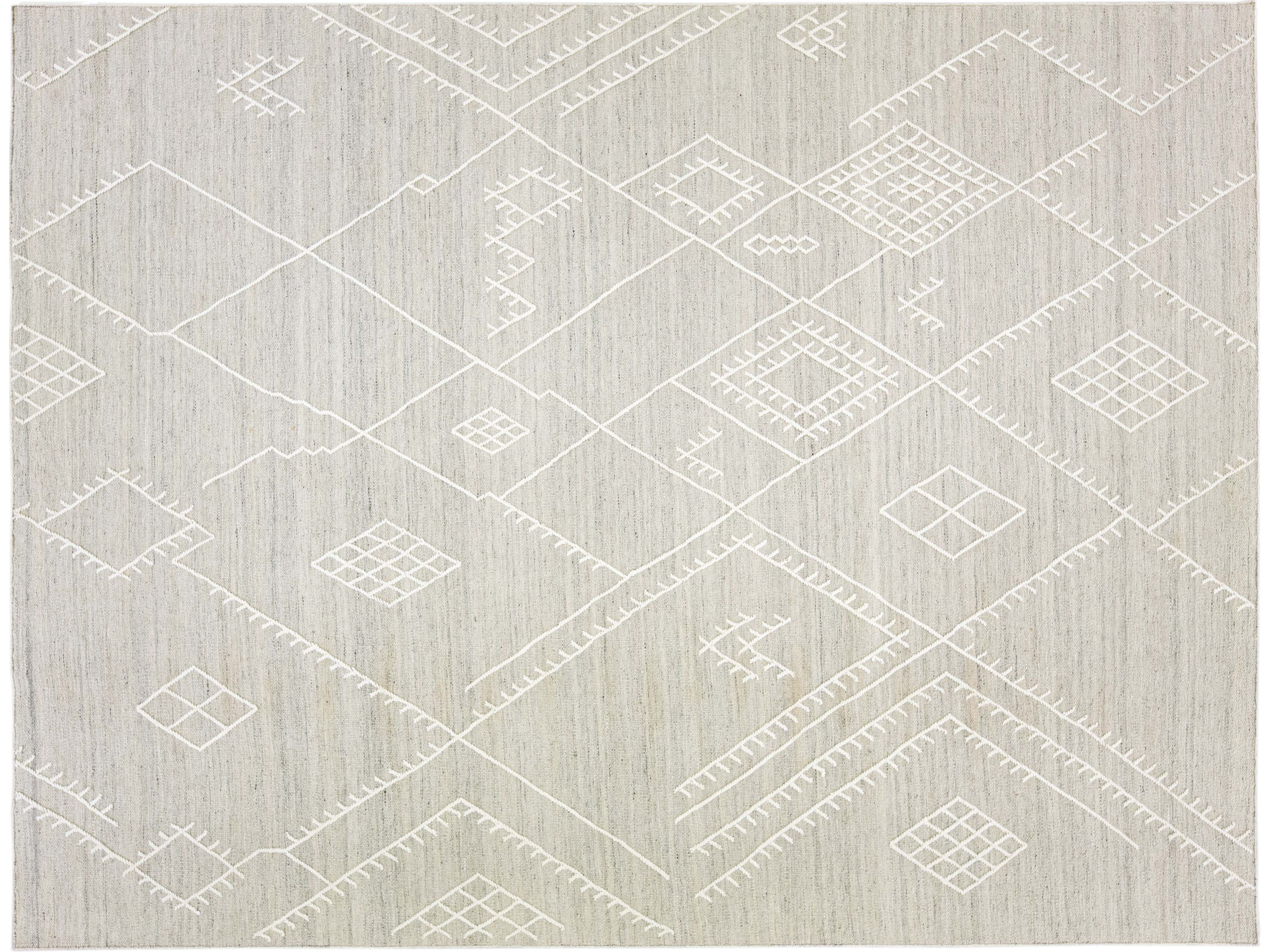  Apadana's Nantucket Collection Flatweave Kilim Coastal Designed Gray Wool Rug