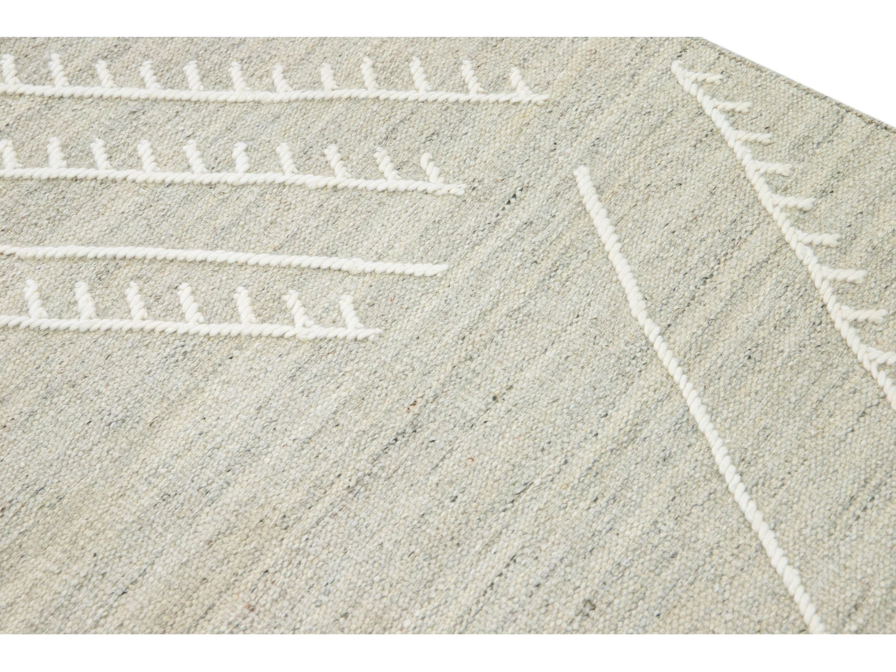  Apadana's Nantucket Collection Flatweave Kilim Coastal Designed Gray Wool Rug