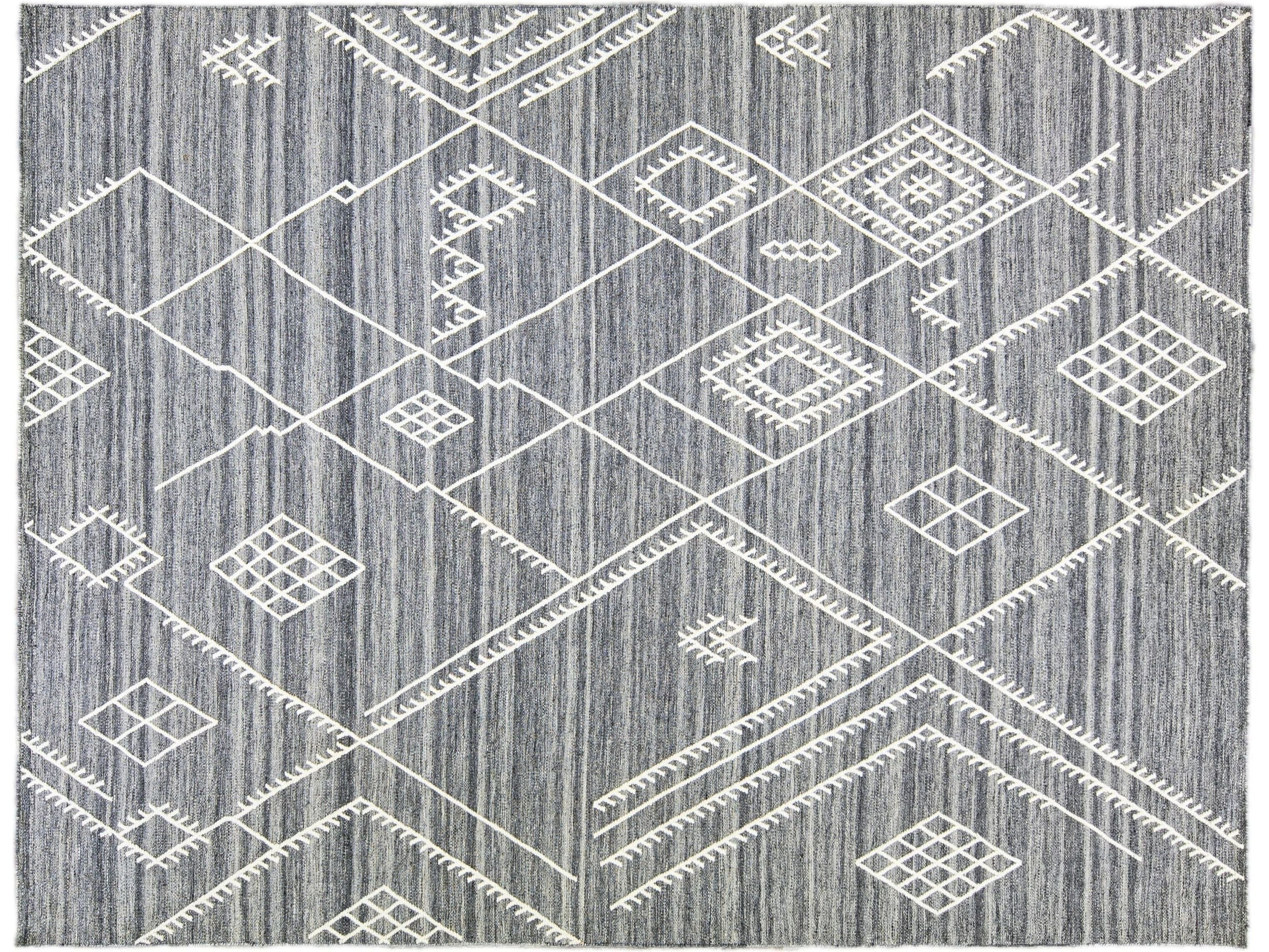 Apadana's Nantucket Collection Flatweave Kilim Coastal Designed Gray Wool Rug