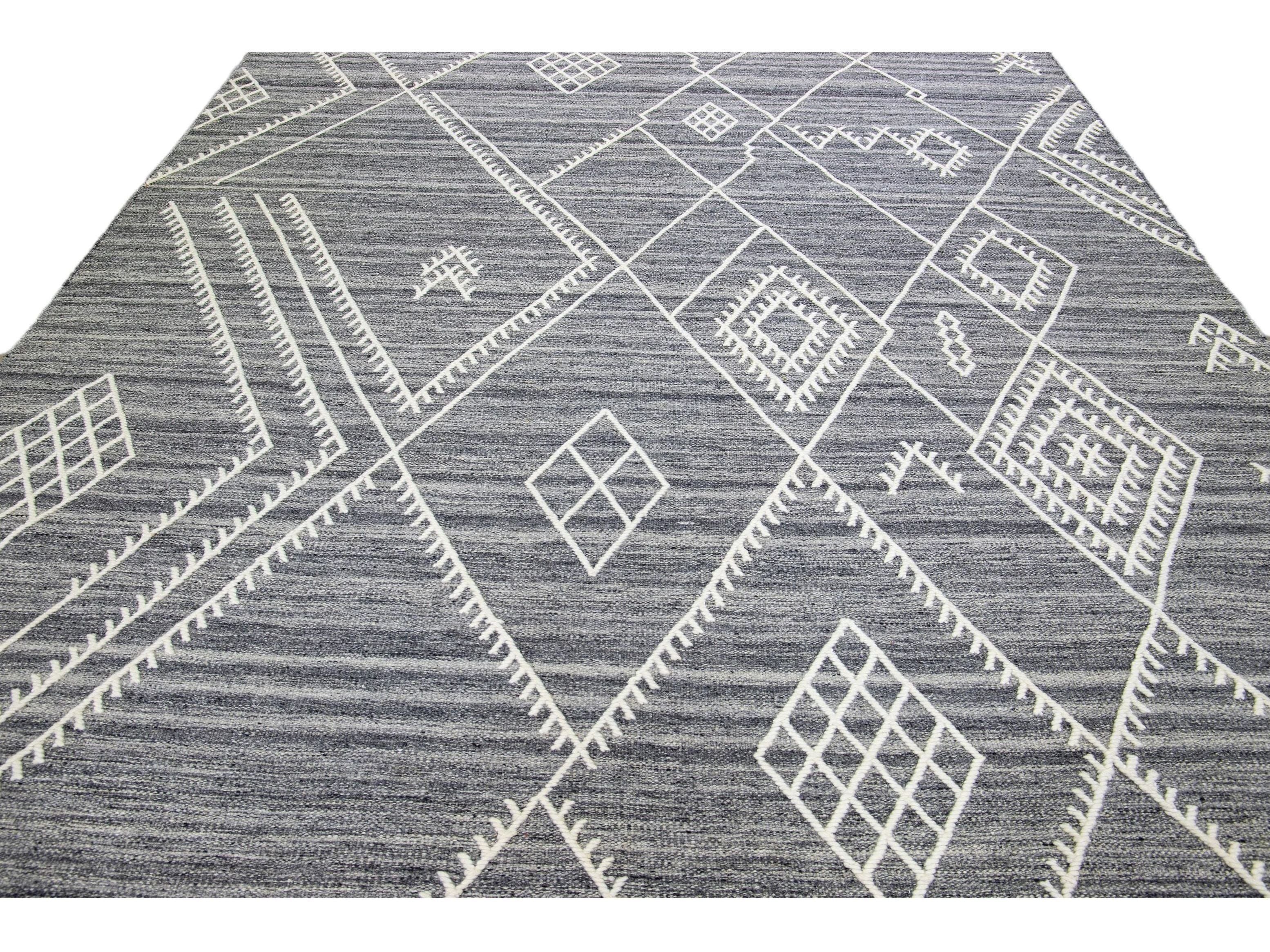 Apadana's Nantucket Collection Flatweave Kilim Coastal Designed Gray Wool Rug