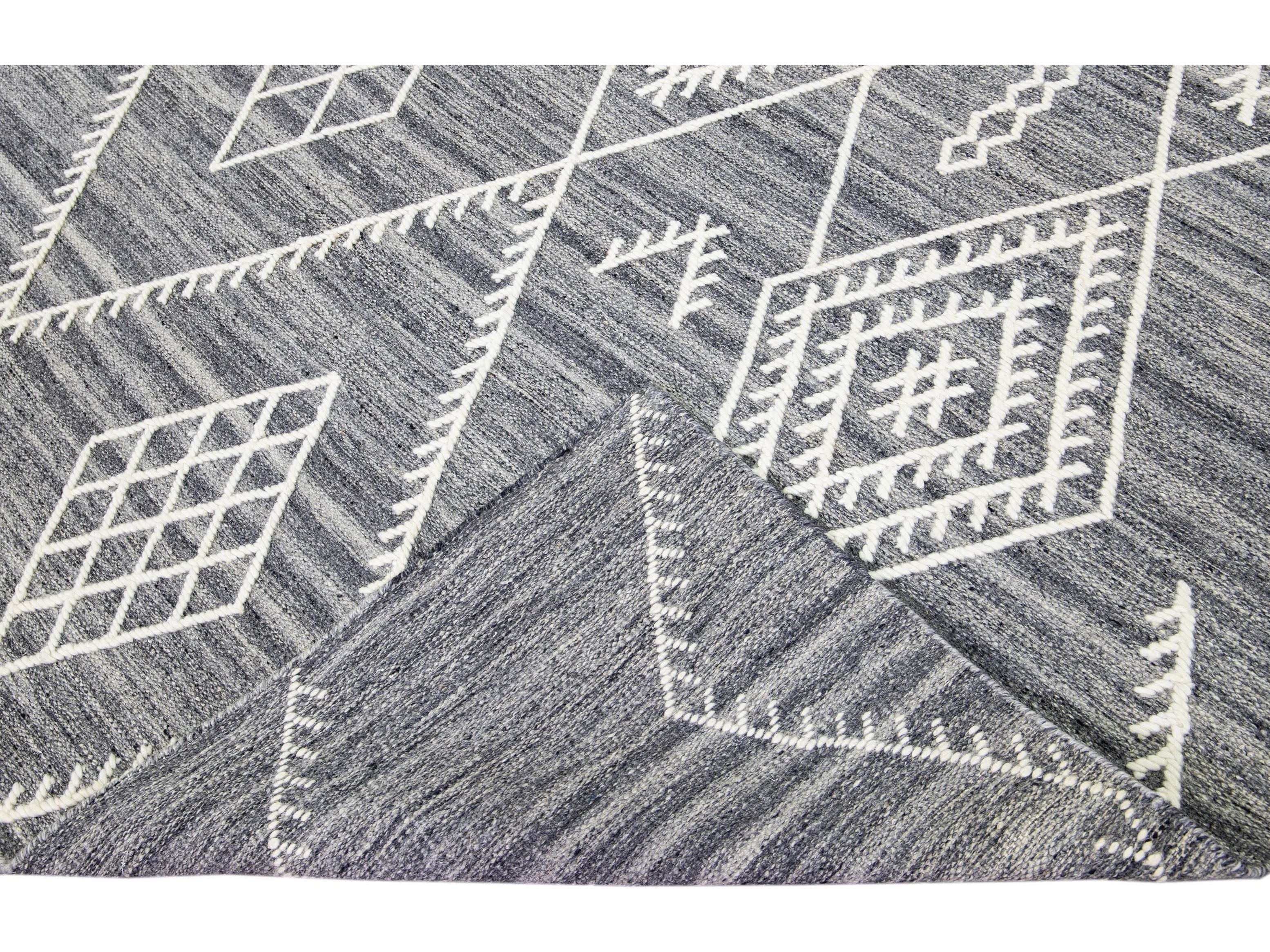 Apadana's Nantucket Collection Flatweave Kilim Coastal Designed Gray Wool Rug
