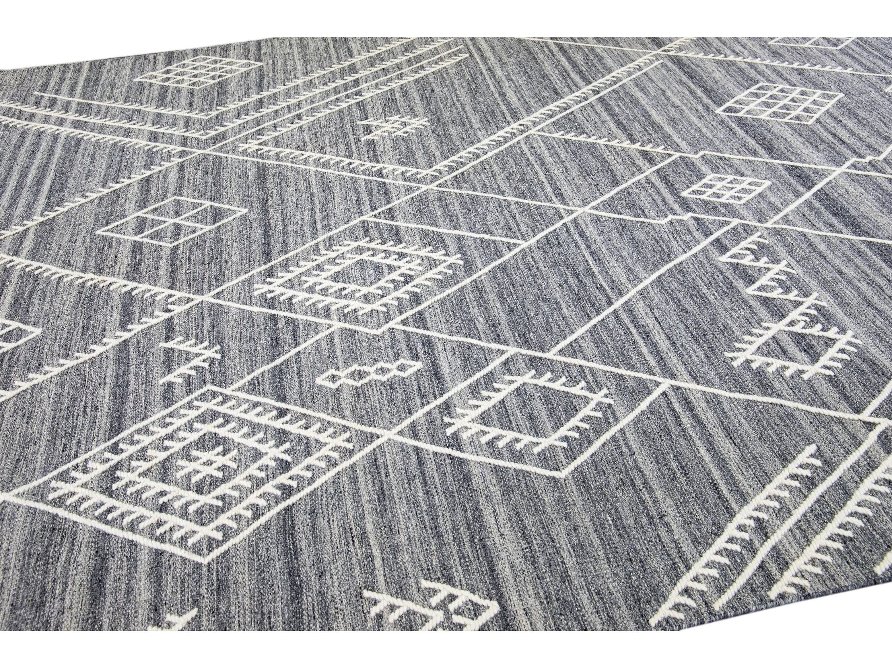 Apadana's Nantucket Collection Flatweave Kilim Coastal Designed Gray Wool Rug