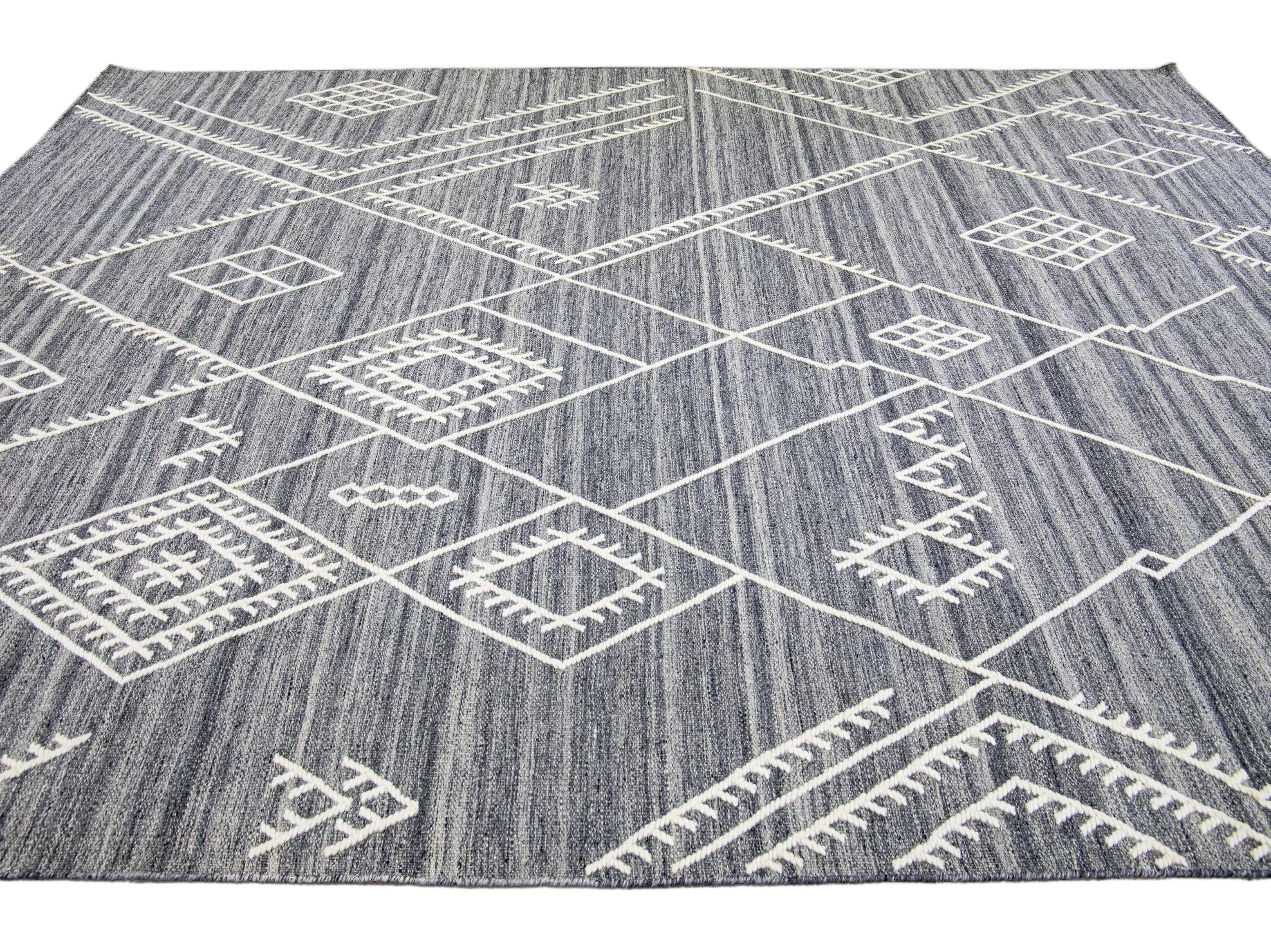 Apadana's Nantucket Collection Flatweave Kilim Coastal Designed Gray Wool Rug