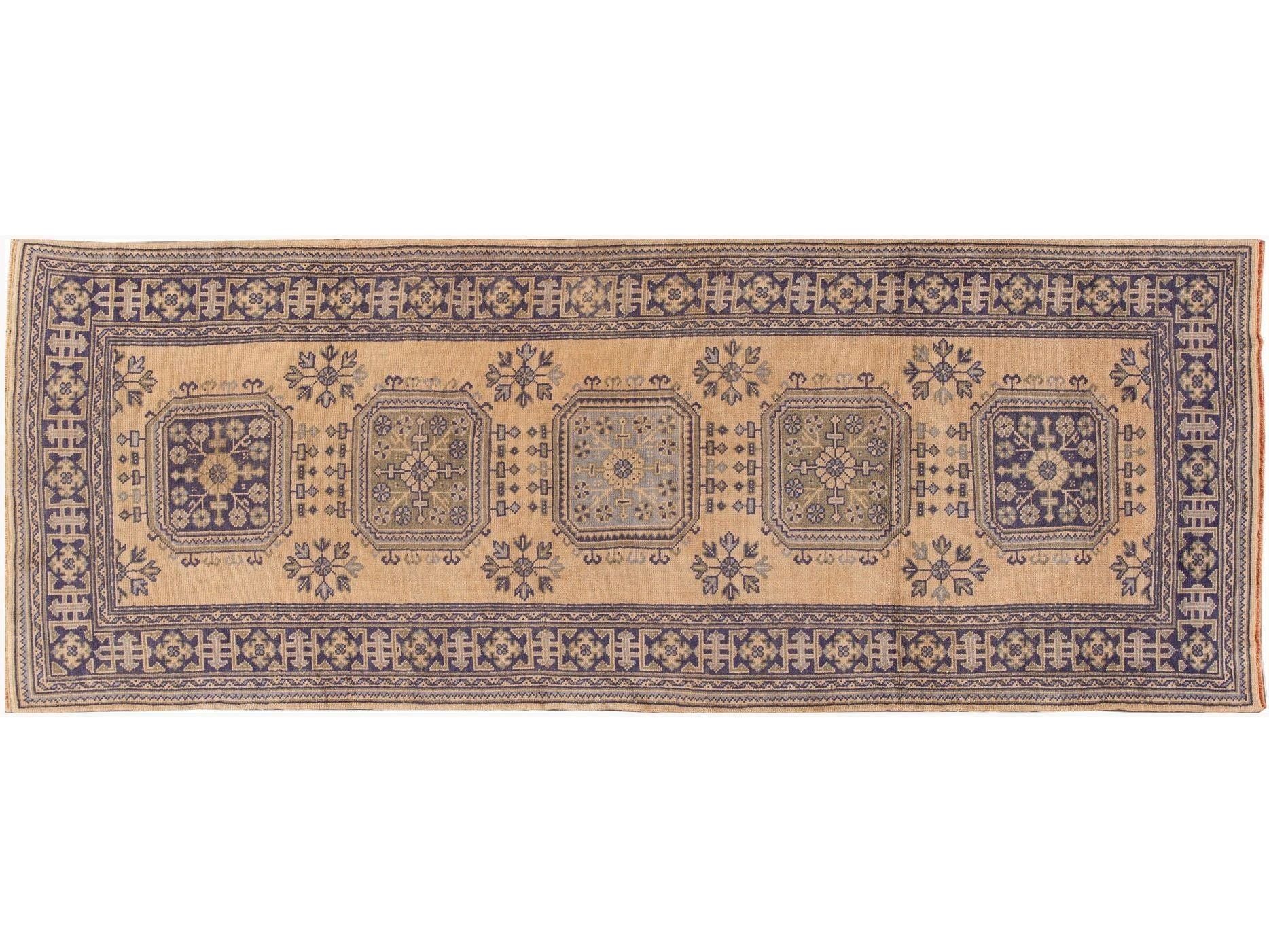 Vintage Turkish Handmade Tribal Motif Tan & Blue Wool Runner