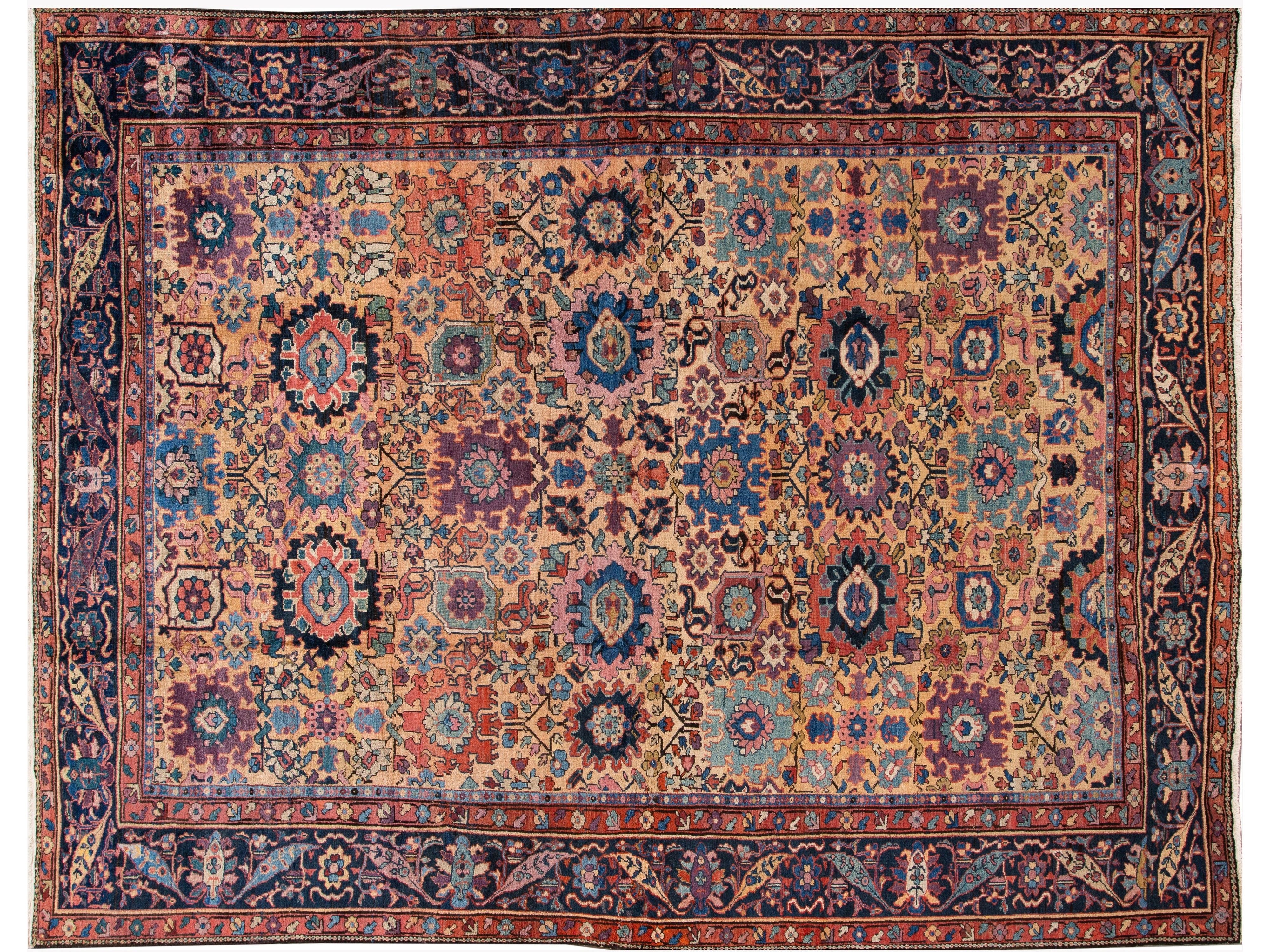 Antique Mahal Handmade Tan Wool Rug With Multicolor Floral Design