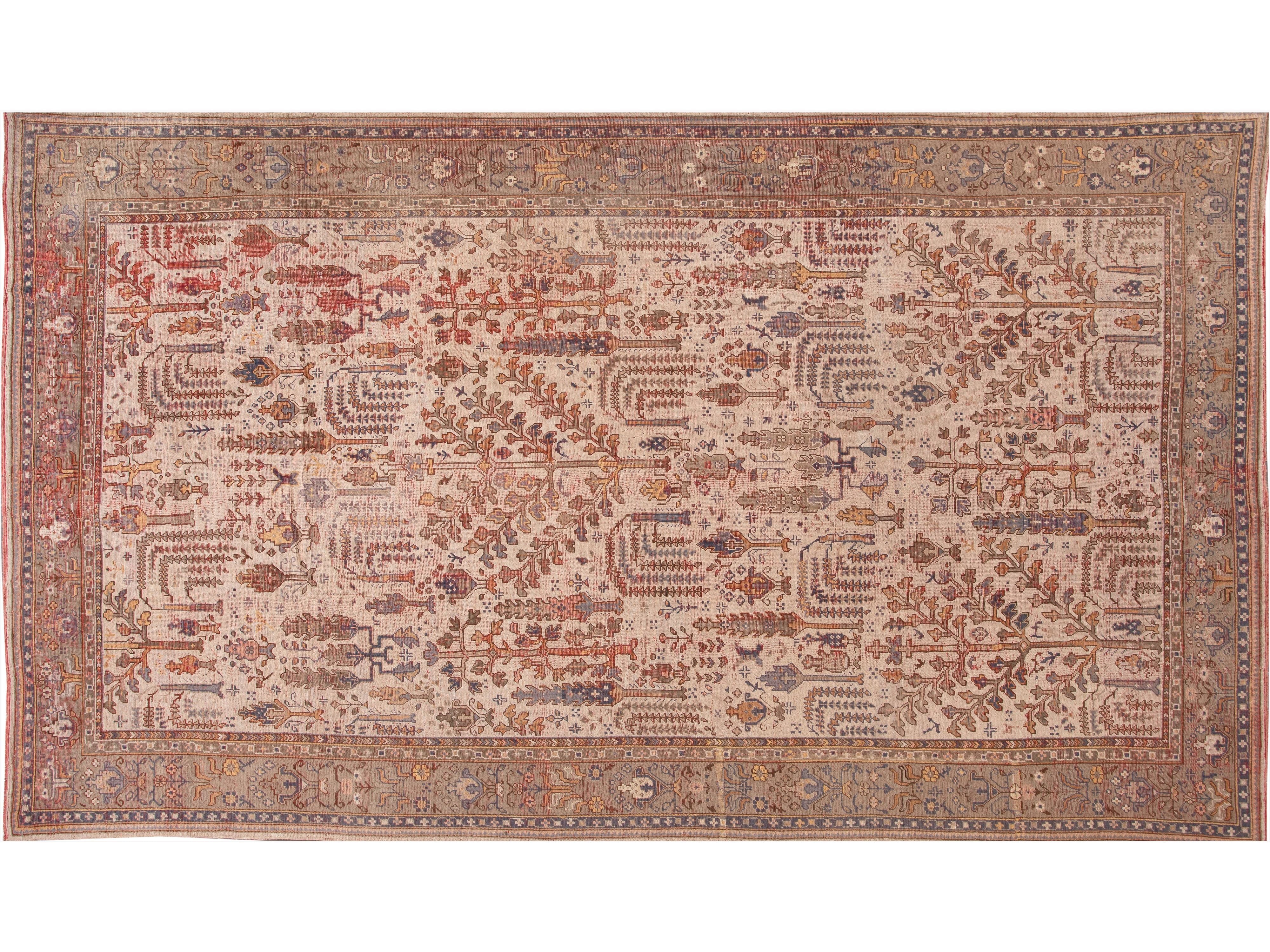 Beige Antique Turkish Oushak Handmade Oversize Wool Rug With Allover Pattern