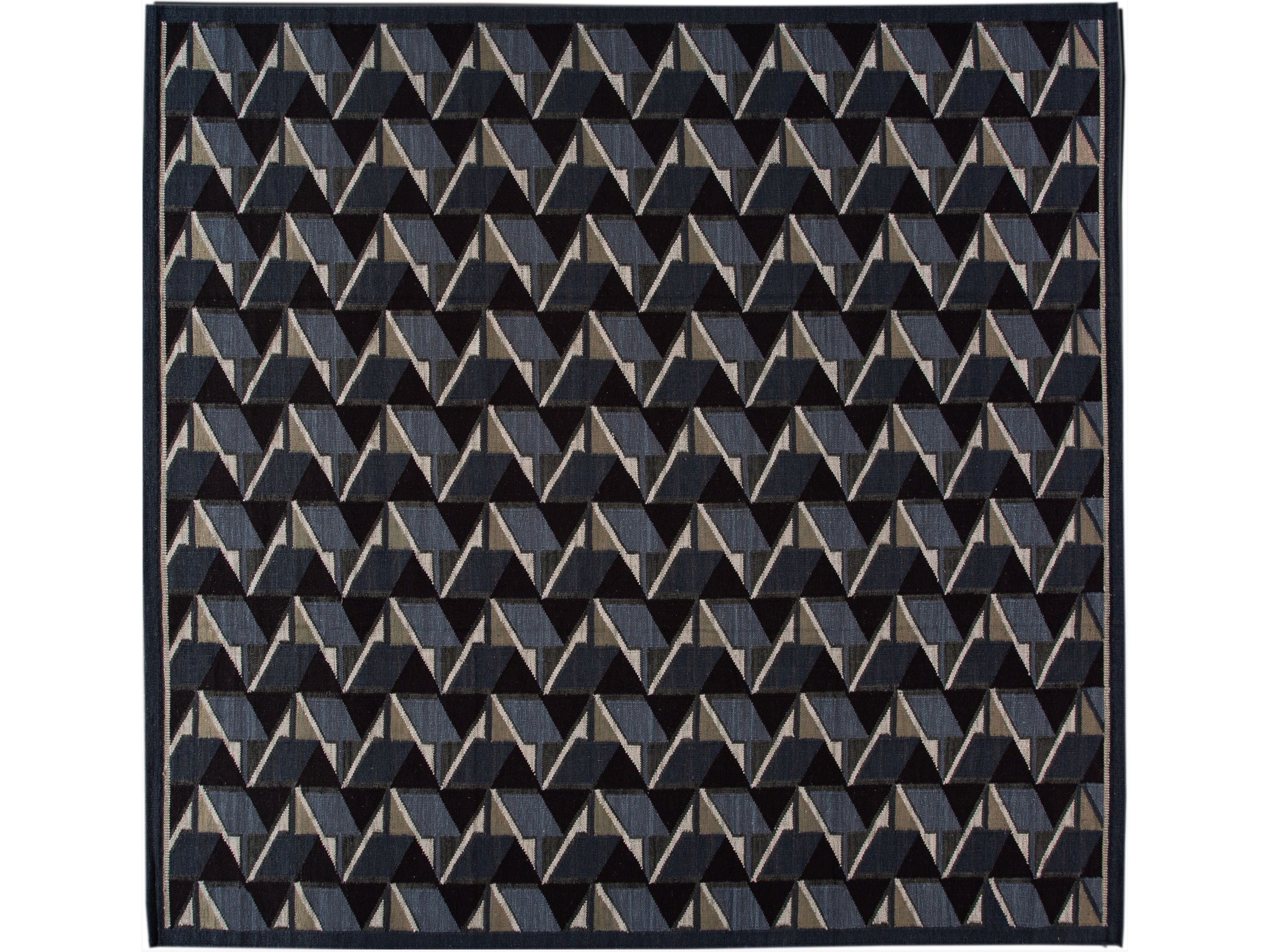 Square Modern swedish Style Handmade Abstract Wool Rug With Black Field
