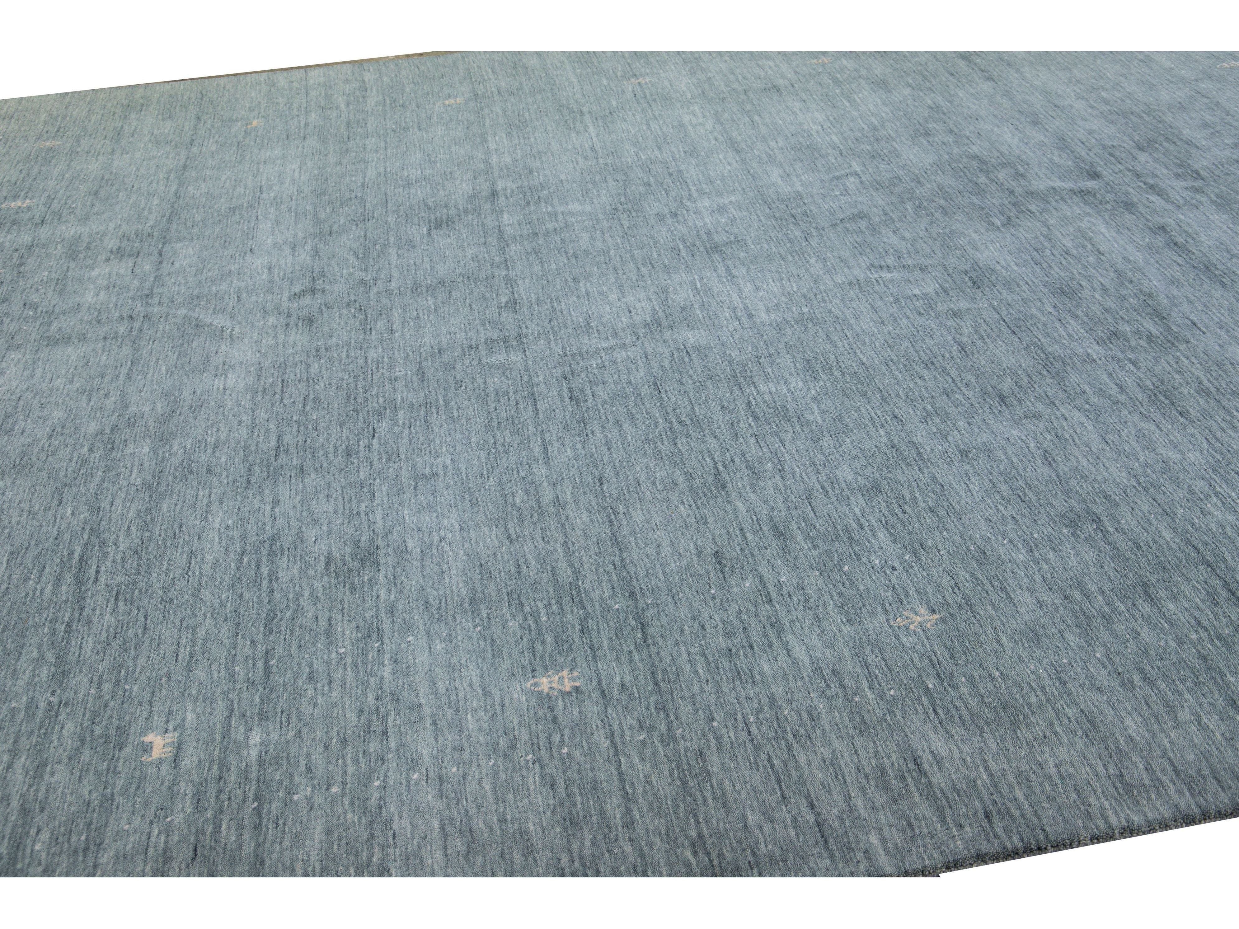 Modern Gabbeh Style Hand-Loom Light Gray Minimalist Pattern Wool Rug