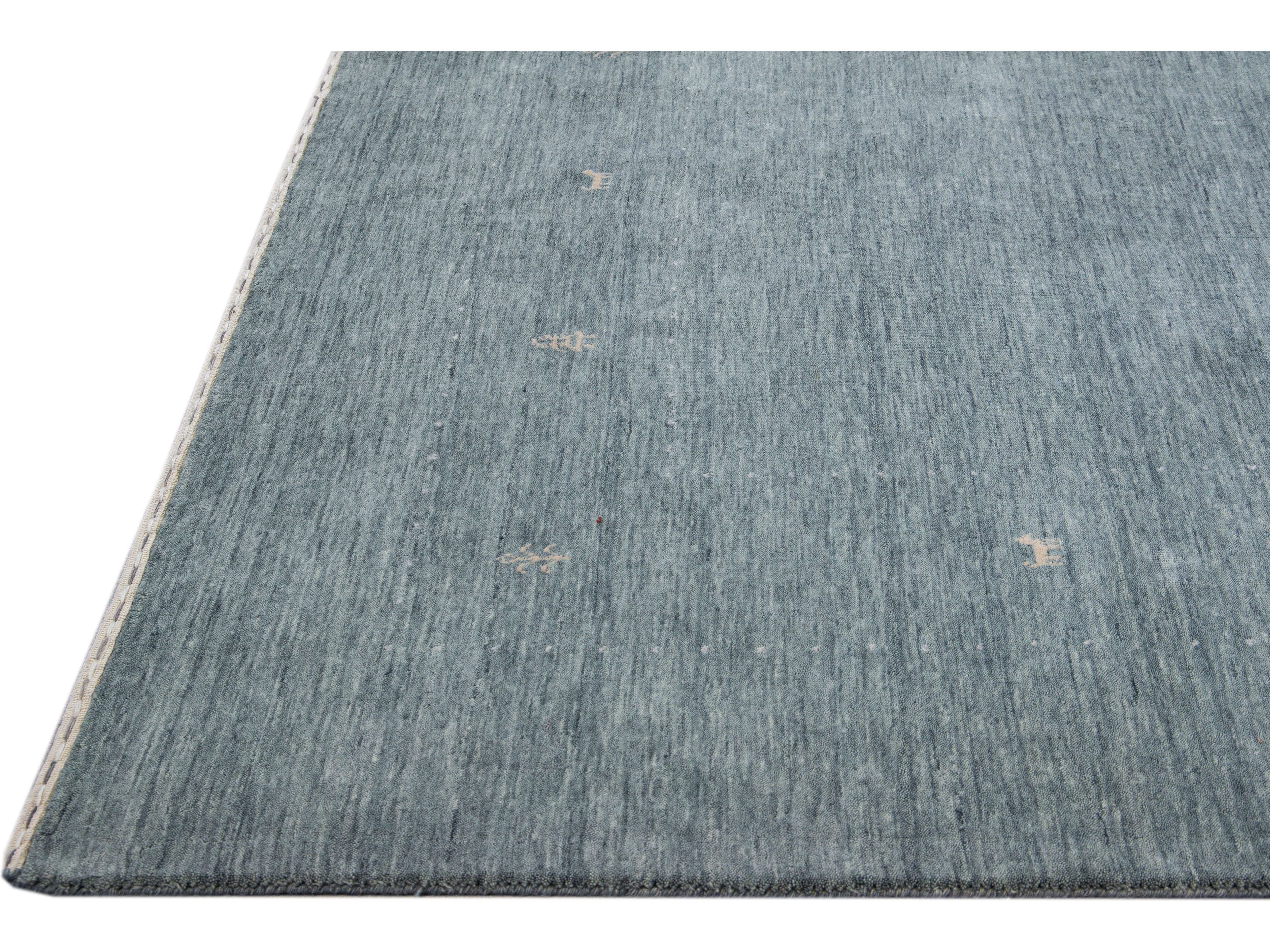 Modern Gabbeh Style Hand-Loom Light Gray Minimalist Pattern Wool Rug