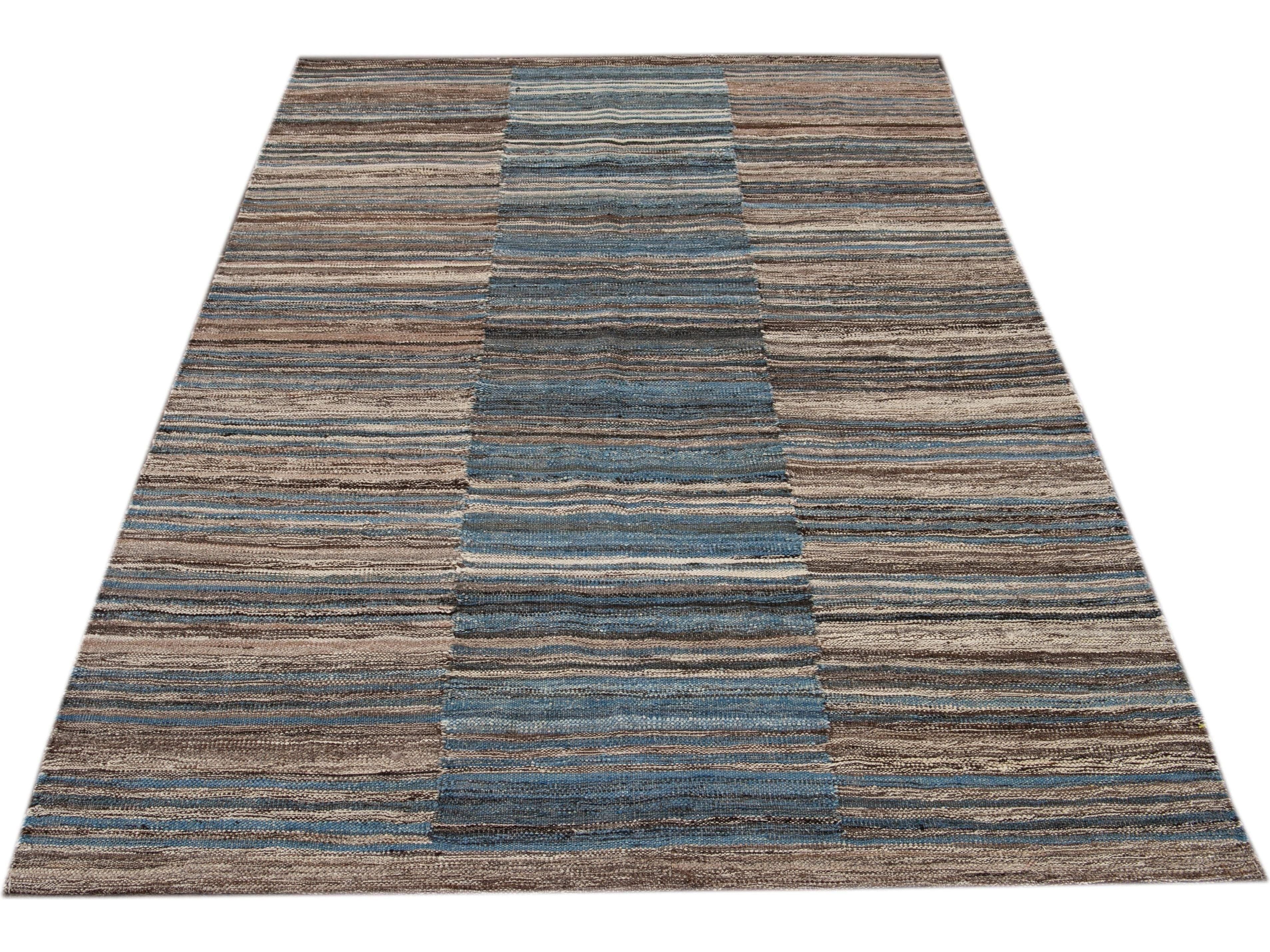 Modern Striped Flat-Weave Wool Rug 5 X 6