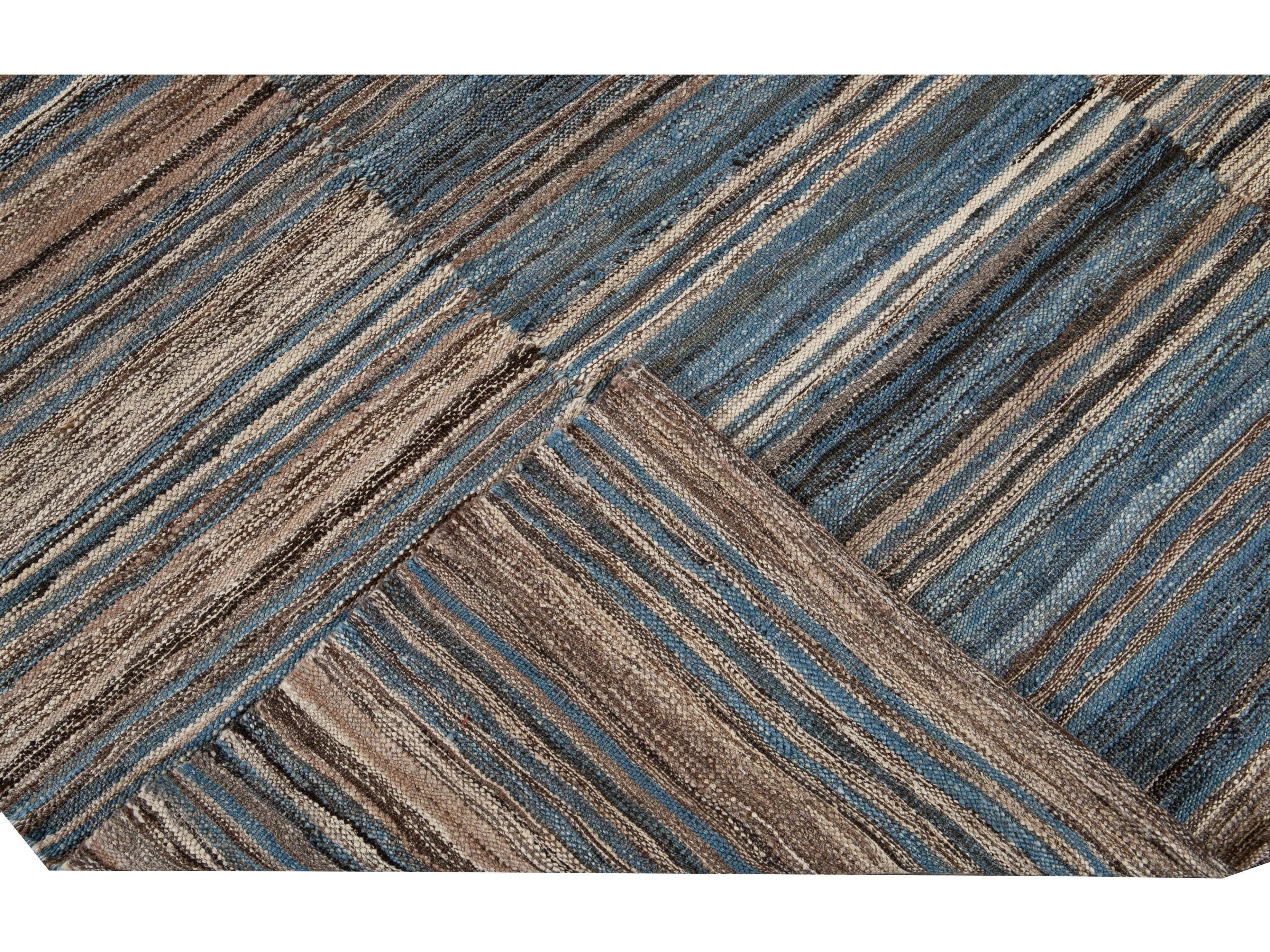 Modern Striped Flat-Weave Wool Rug 5 X 6