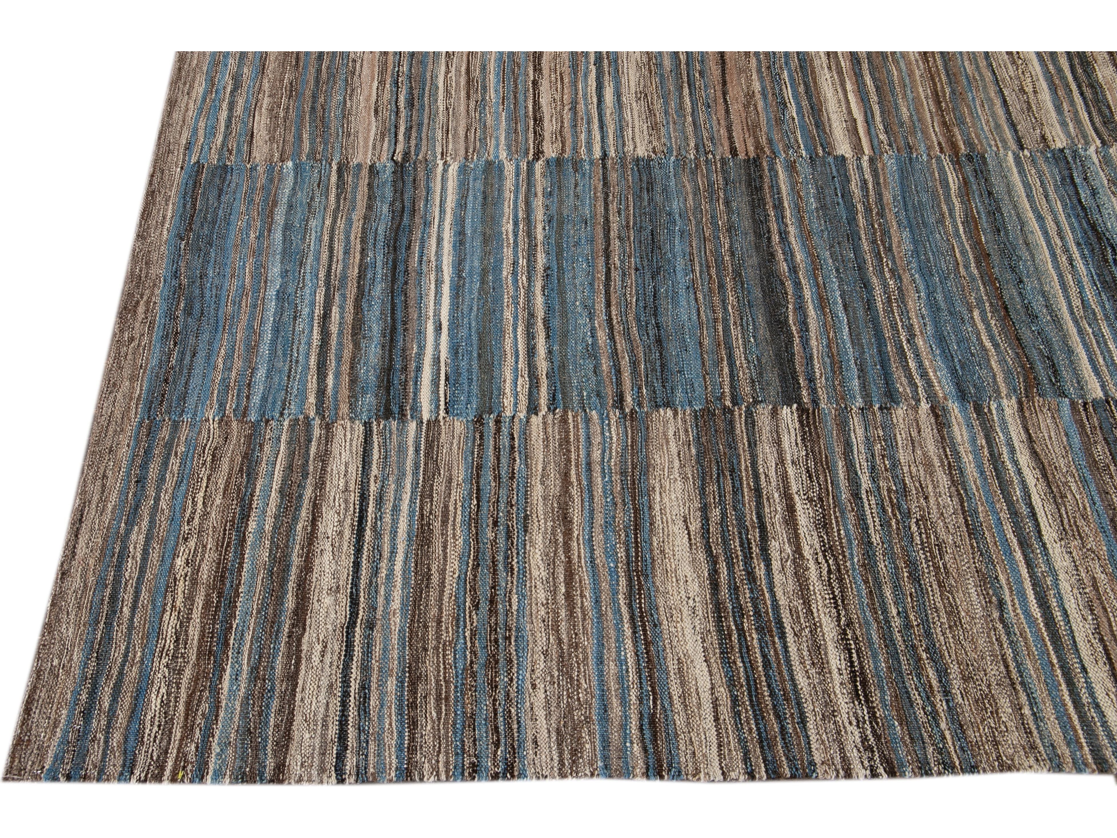 Modern Striped Flat-Weave Wool Rug 5 X 6