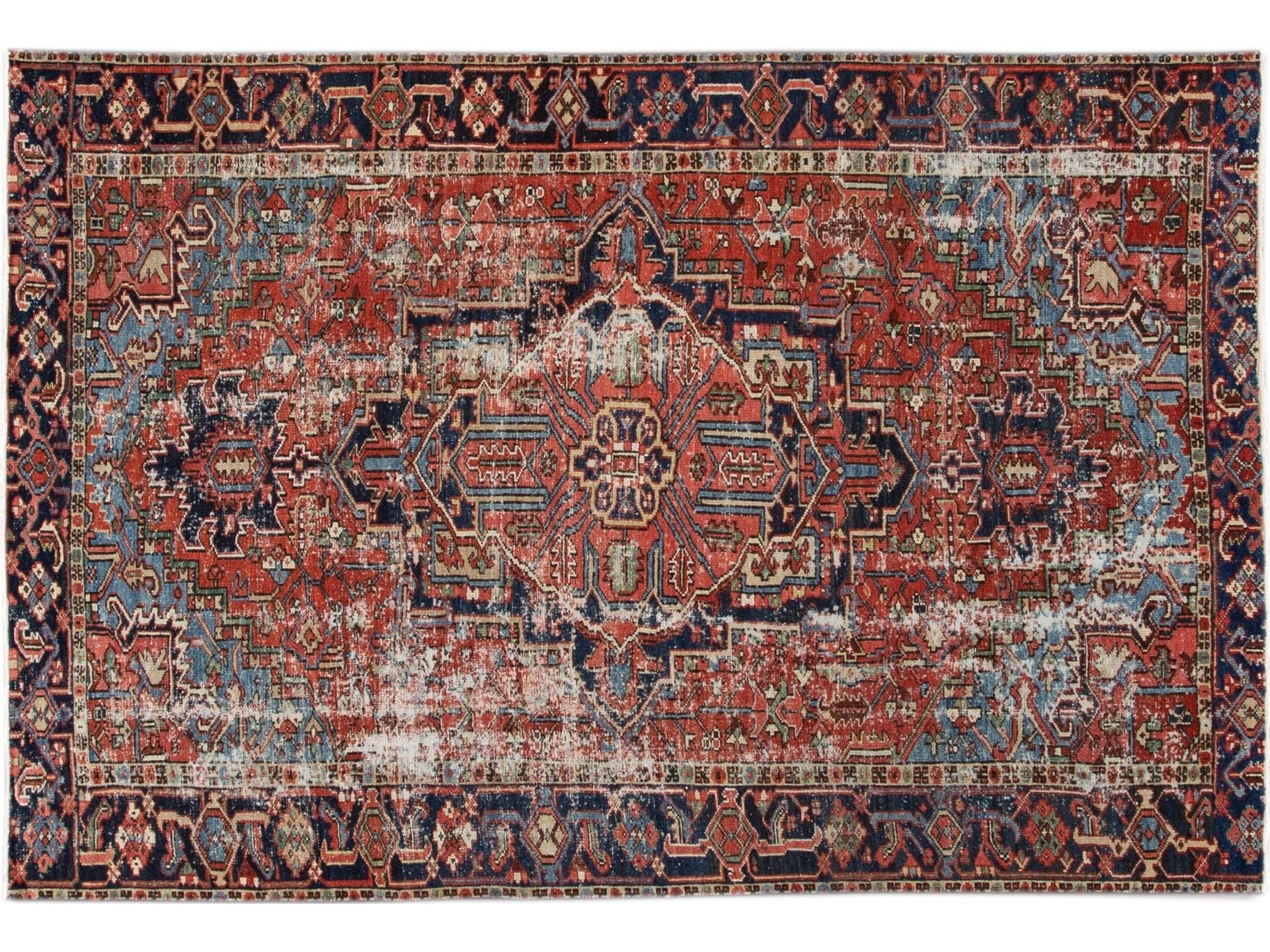 Red Antique Persian Heriz Handmade Wool Rug With Medallion Design