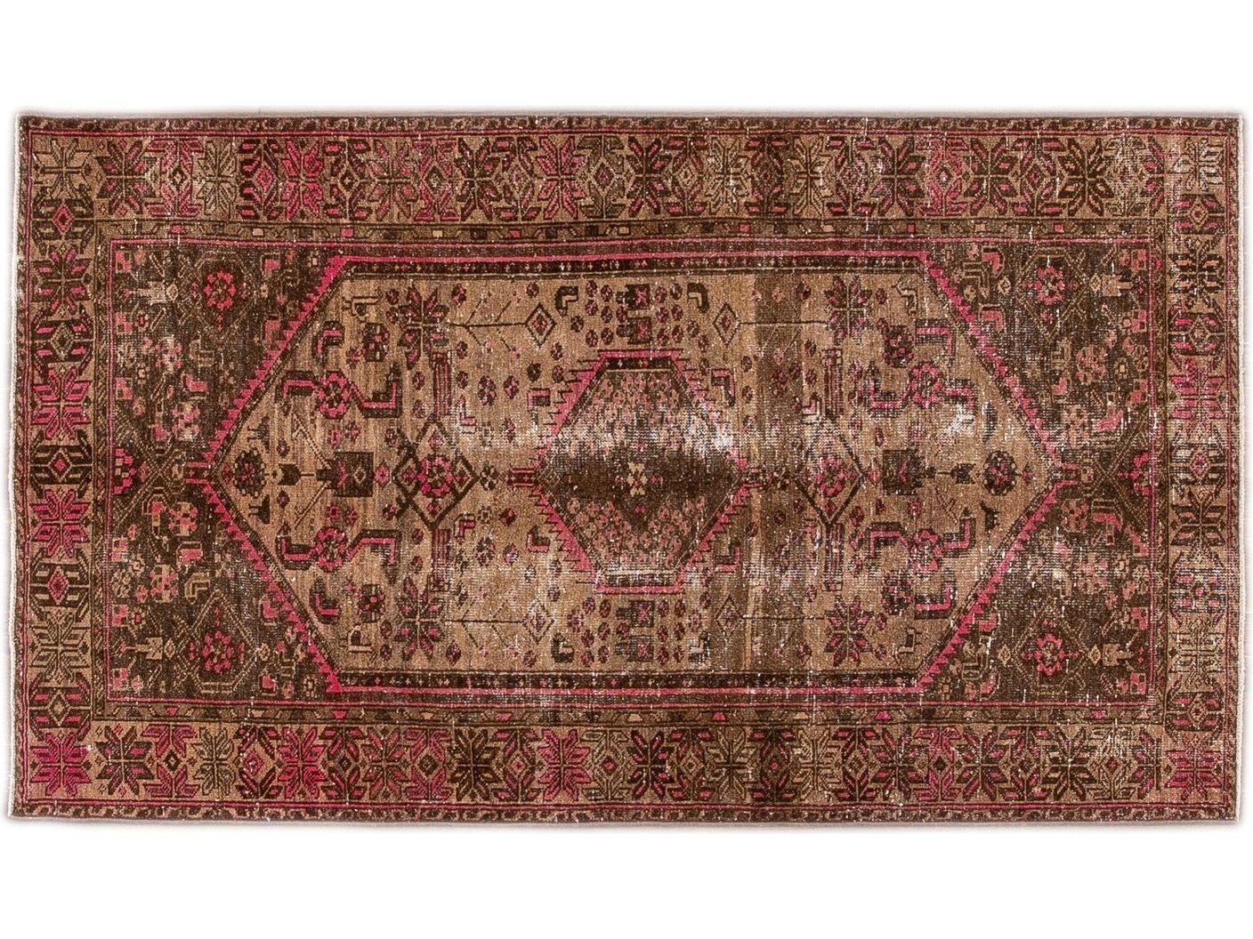 Vintage Shabby Chic Handmade Brown Geometric Wool Rug
