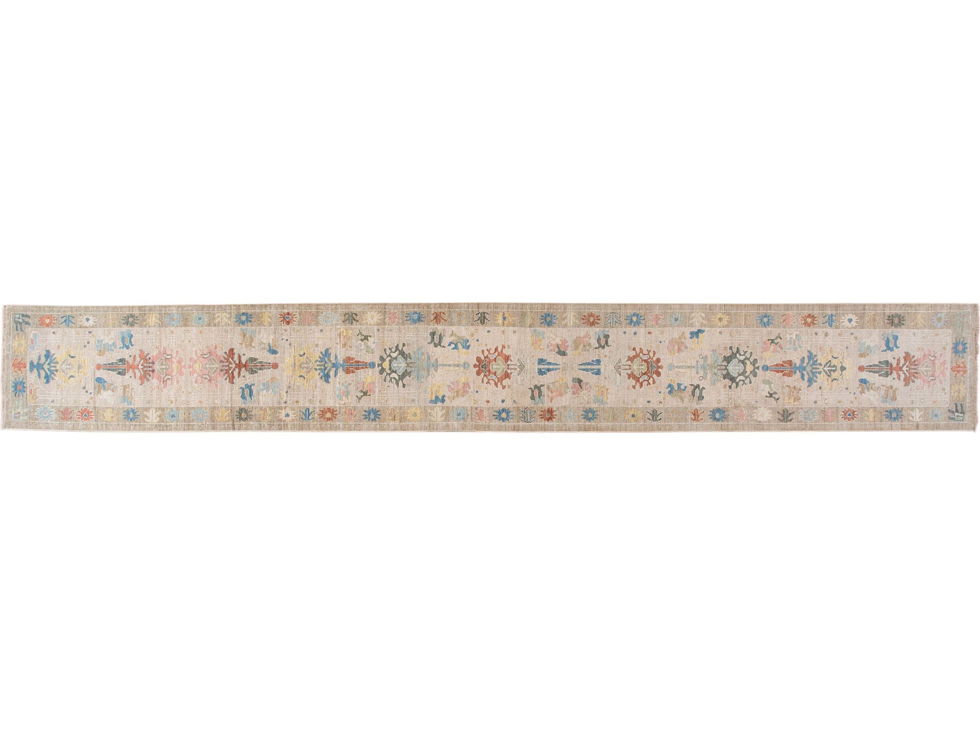 Modern Sultanabad Handmade Beige Geometric Floral Long Wool Runner