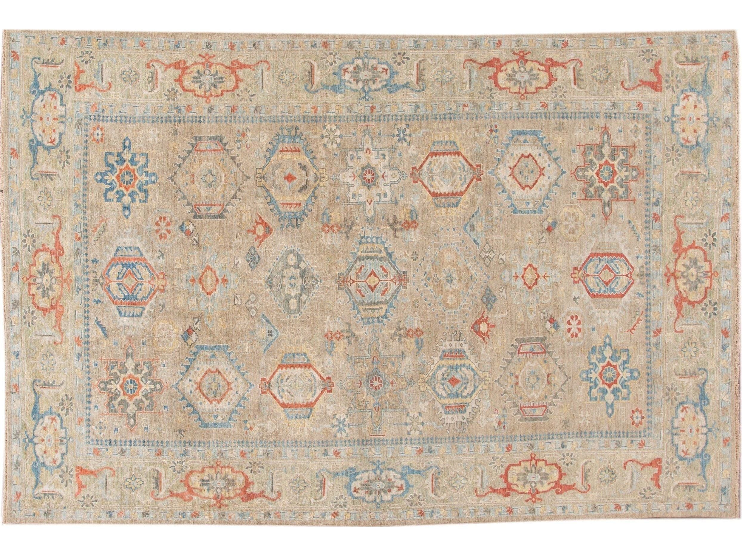Modern Heriz Style  Handmade Beige Geometric Floral Wool Rug