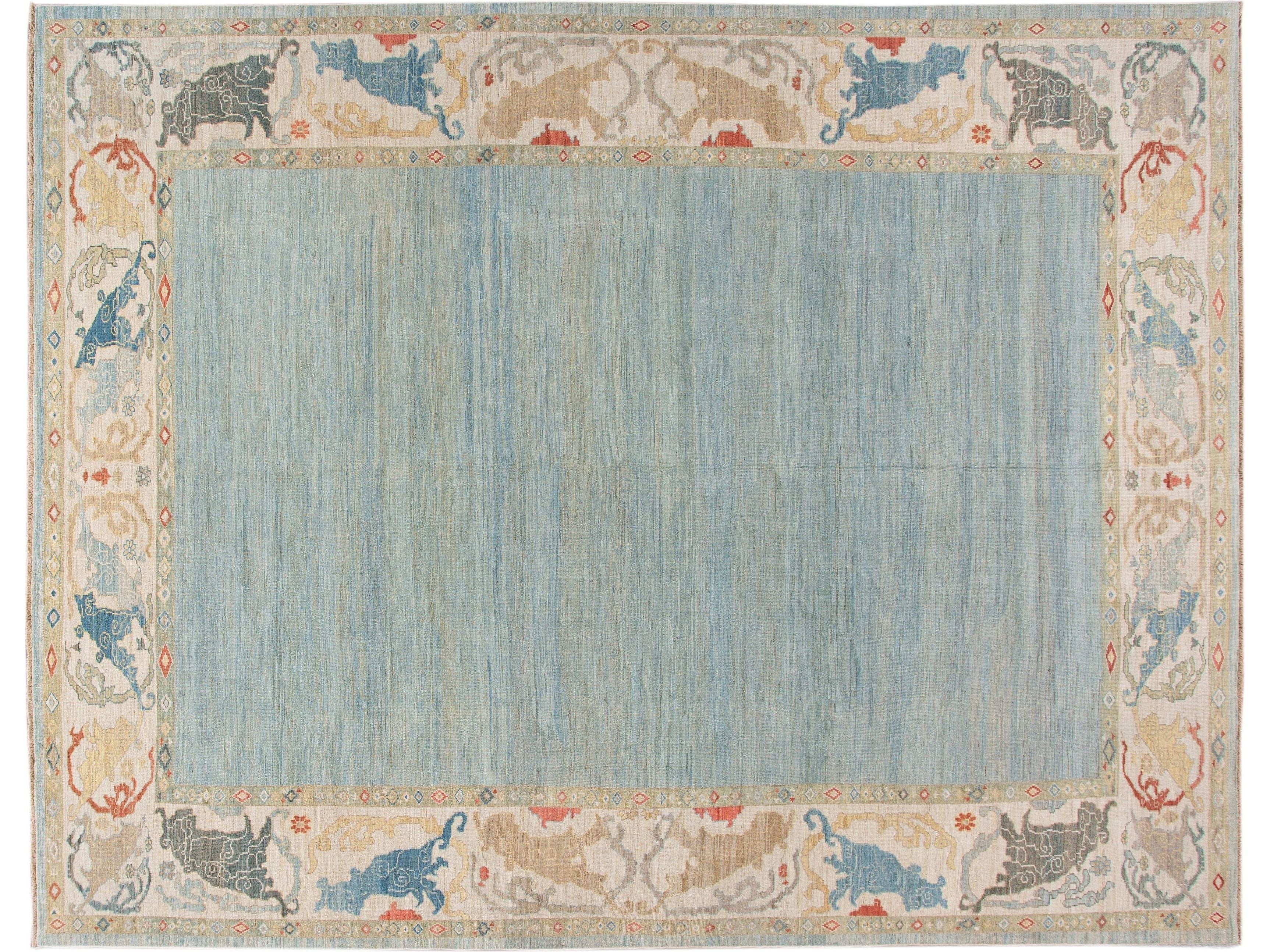 Contemporary Sultanabad Blue and Beige Handmade Designed Oversize Wool Rug