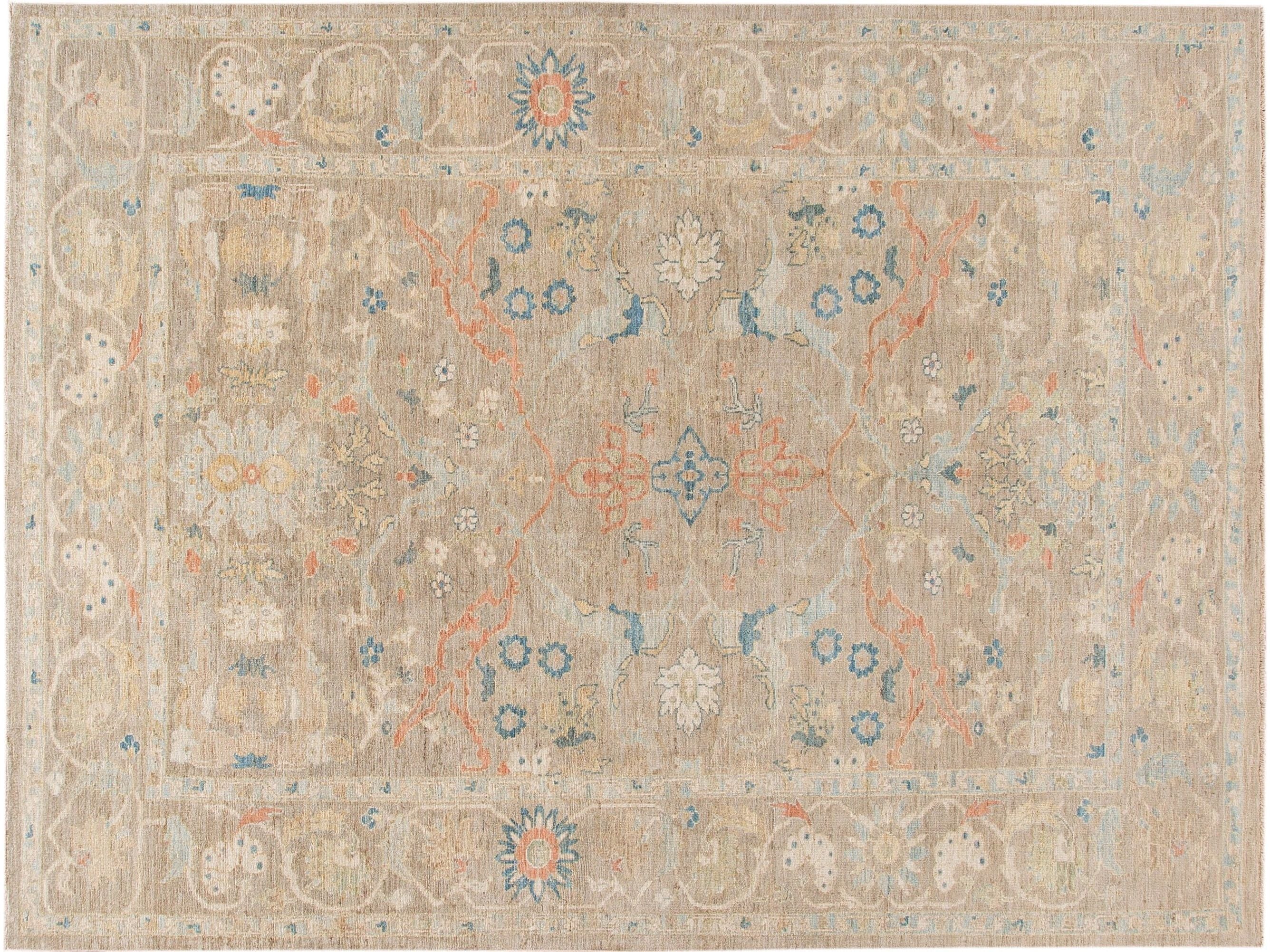 Contemporary Sultanabad Tan Handmade Geometric Floral Wool Rug