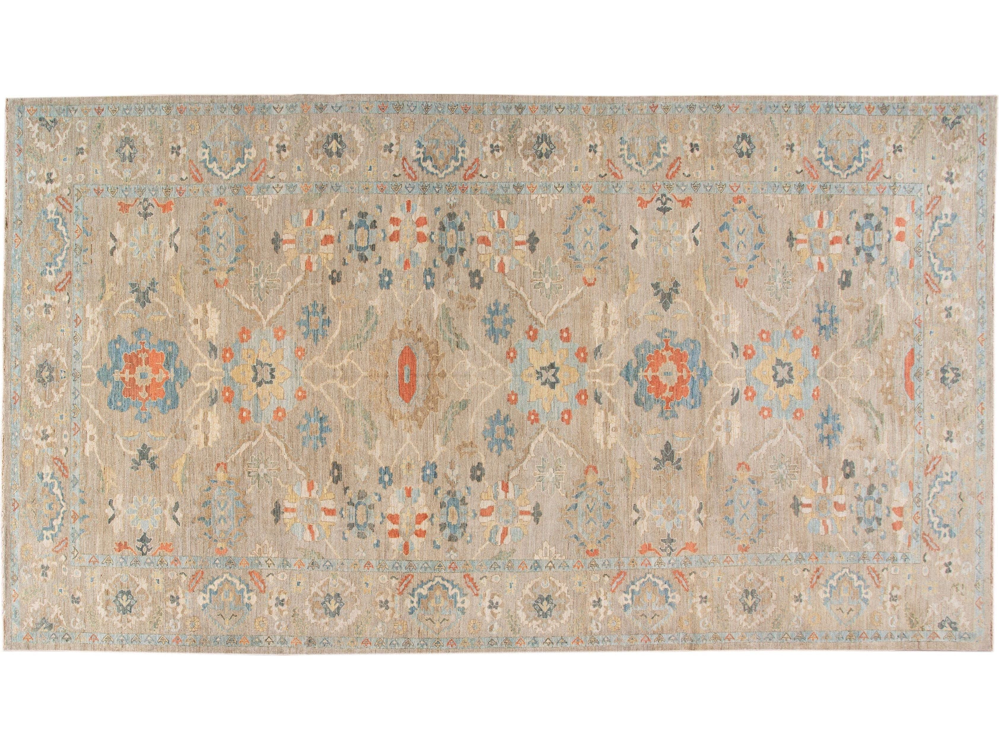 Modern Sultanabad Handmade Beige Floral Oversize Wool Rug