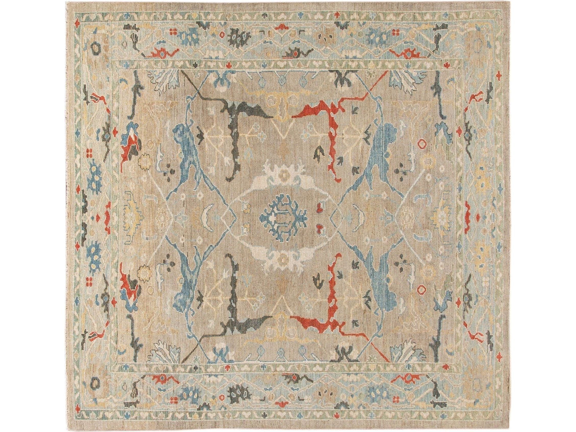 Modern Sultanabad Beige Handmade Square Medallion Designed Wool Rug