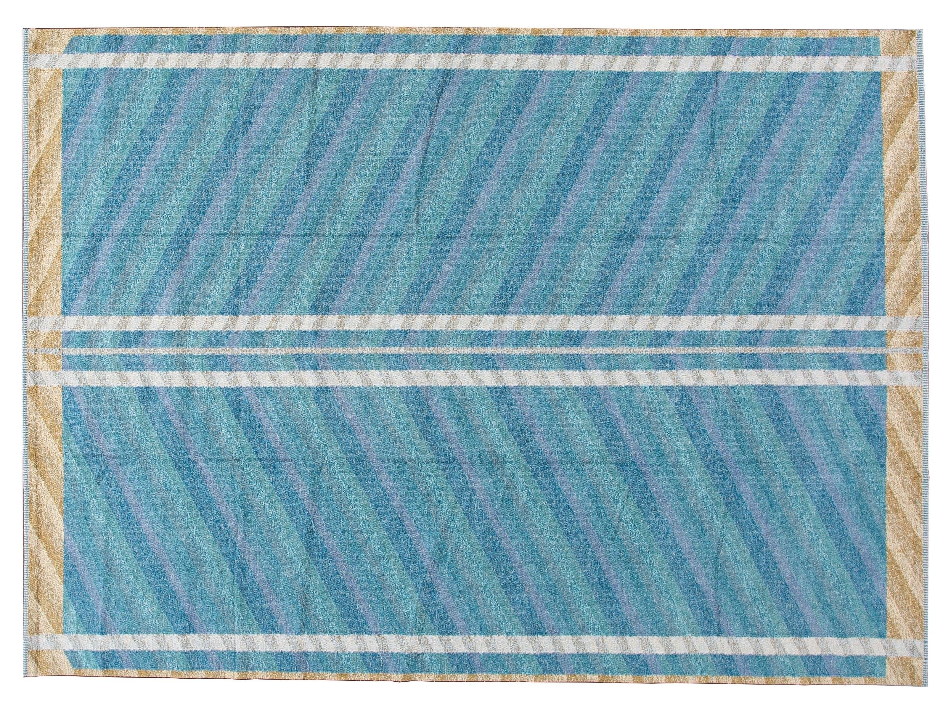 Modern Swedish Style Blue Handmade Geometric Wool Rug