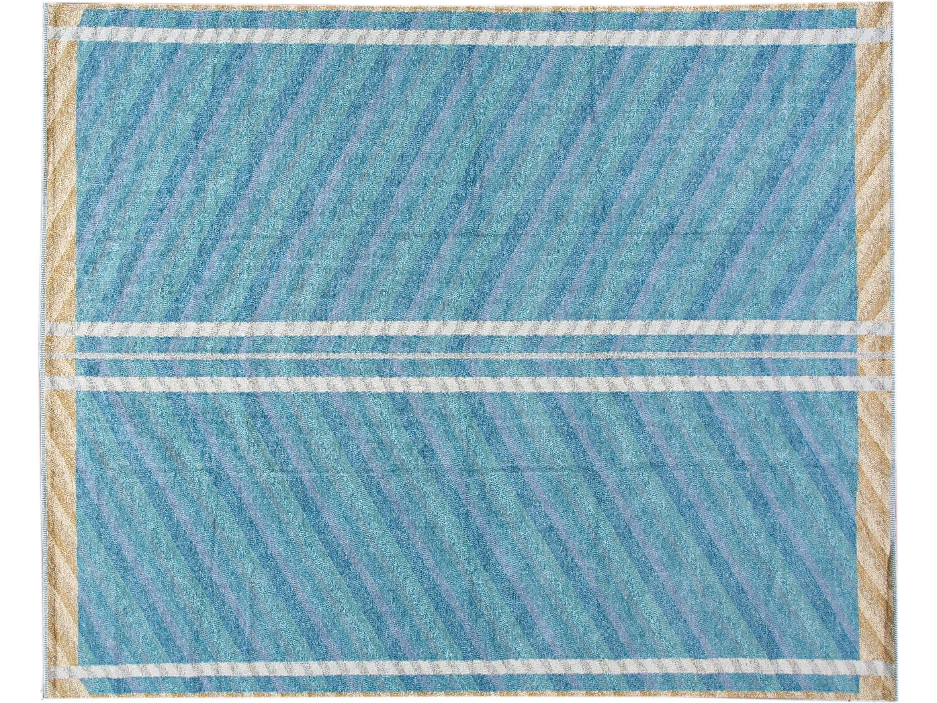 Modern Swedish Style Handmade Geometric Oversize Blue Wool Rug