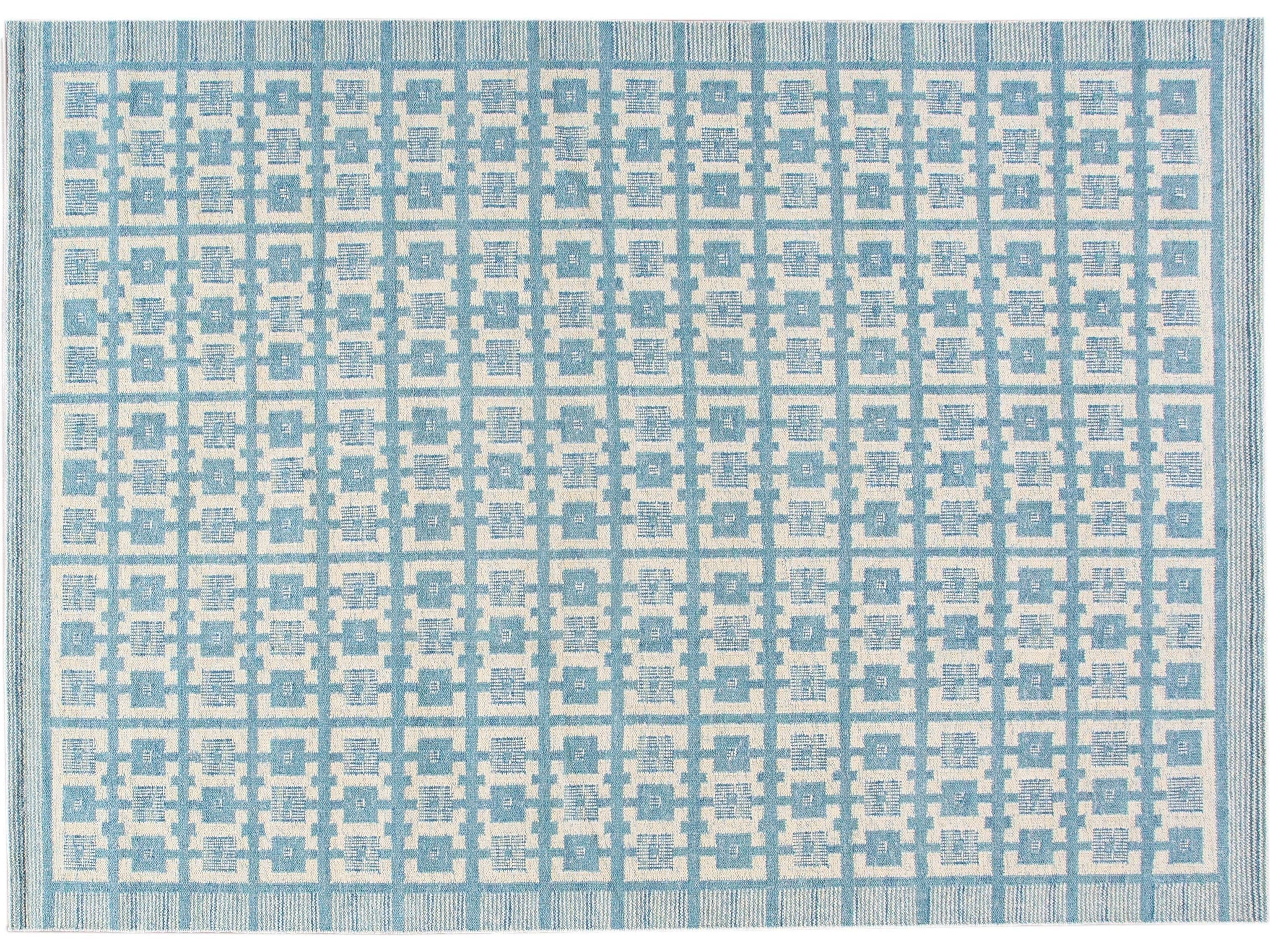 Modern Swedish Style Handmade Geometric Pattern Blue and Ivory Wool Rug