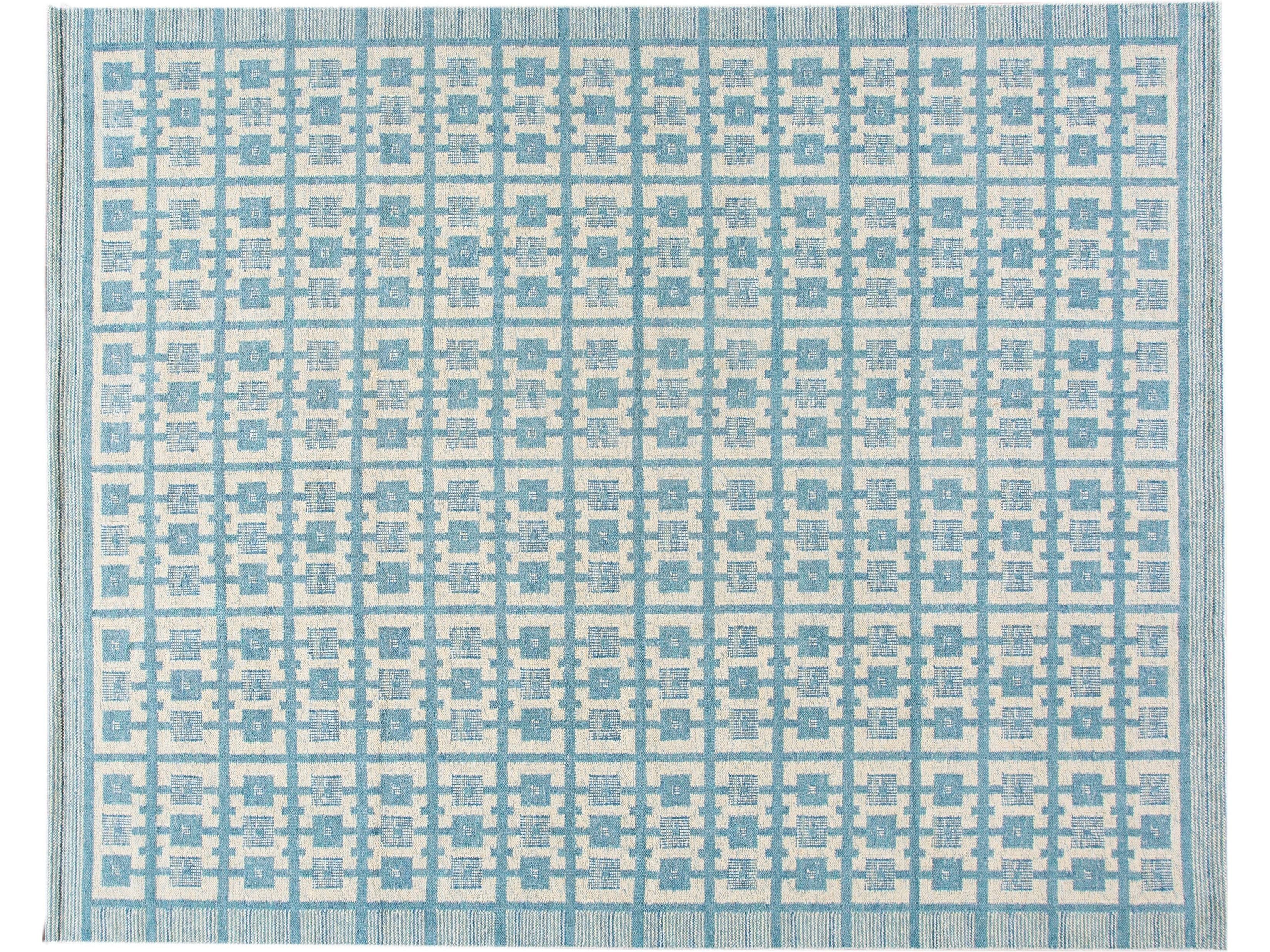 Modern Swedish Style Handmade Geometric Pattern Oversize Blue and Ivory Wool Rug