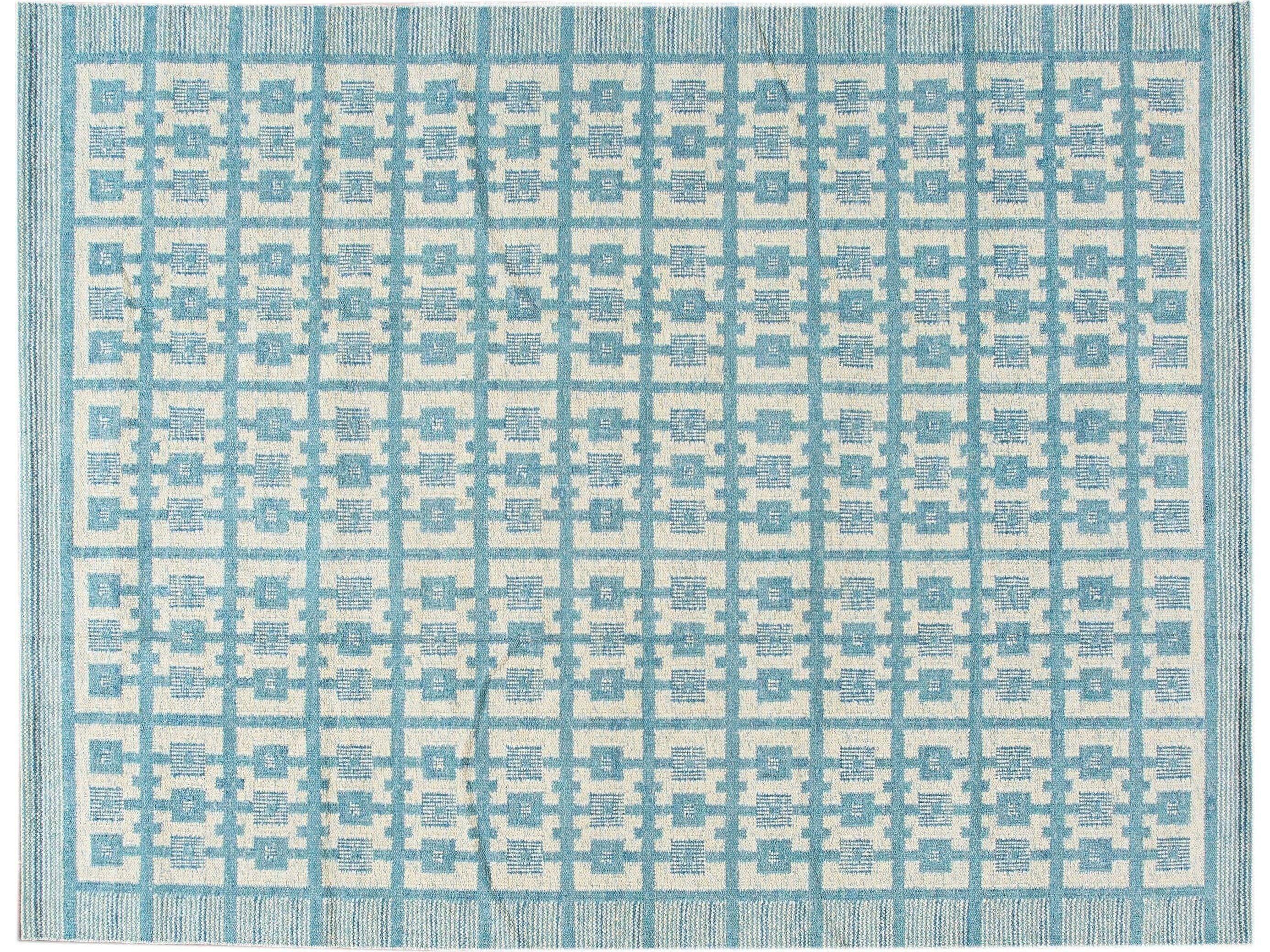Modern Swedish Style Handmade Geometric Pattern Room size Blue Wool Rug