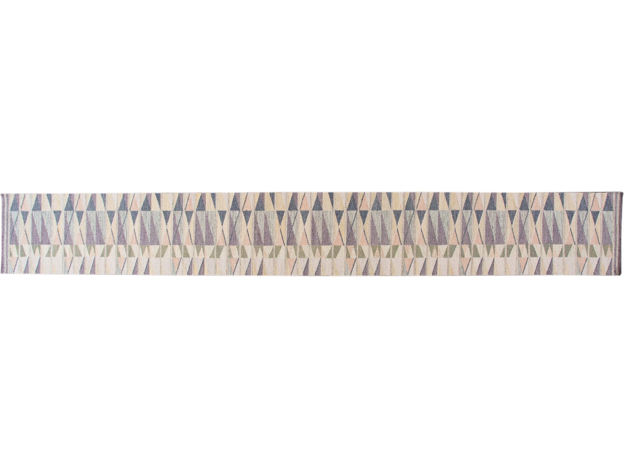 Modern Swedish Style Handmade Beige Geometric Abstract Long Wool Runner