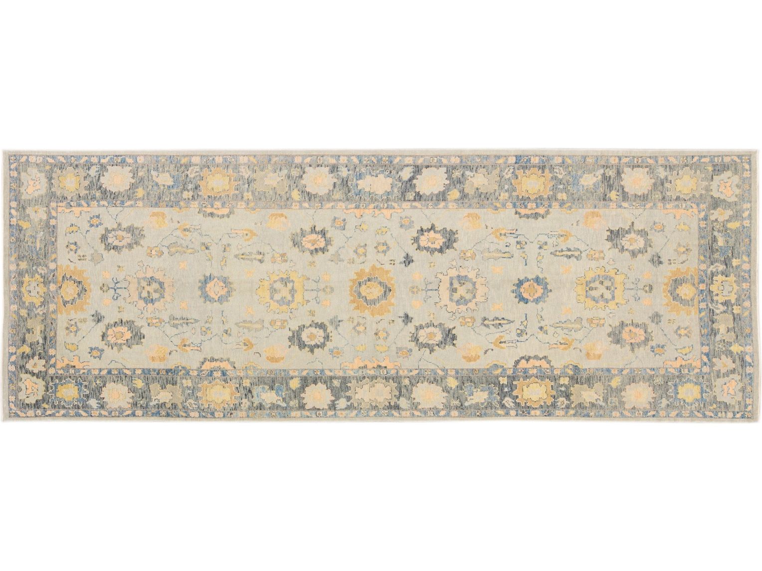 Modern Gray Turkish Oushak Handmade Floral Wide Gallery Wool Runner