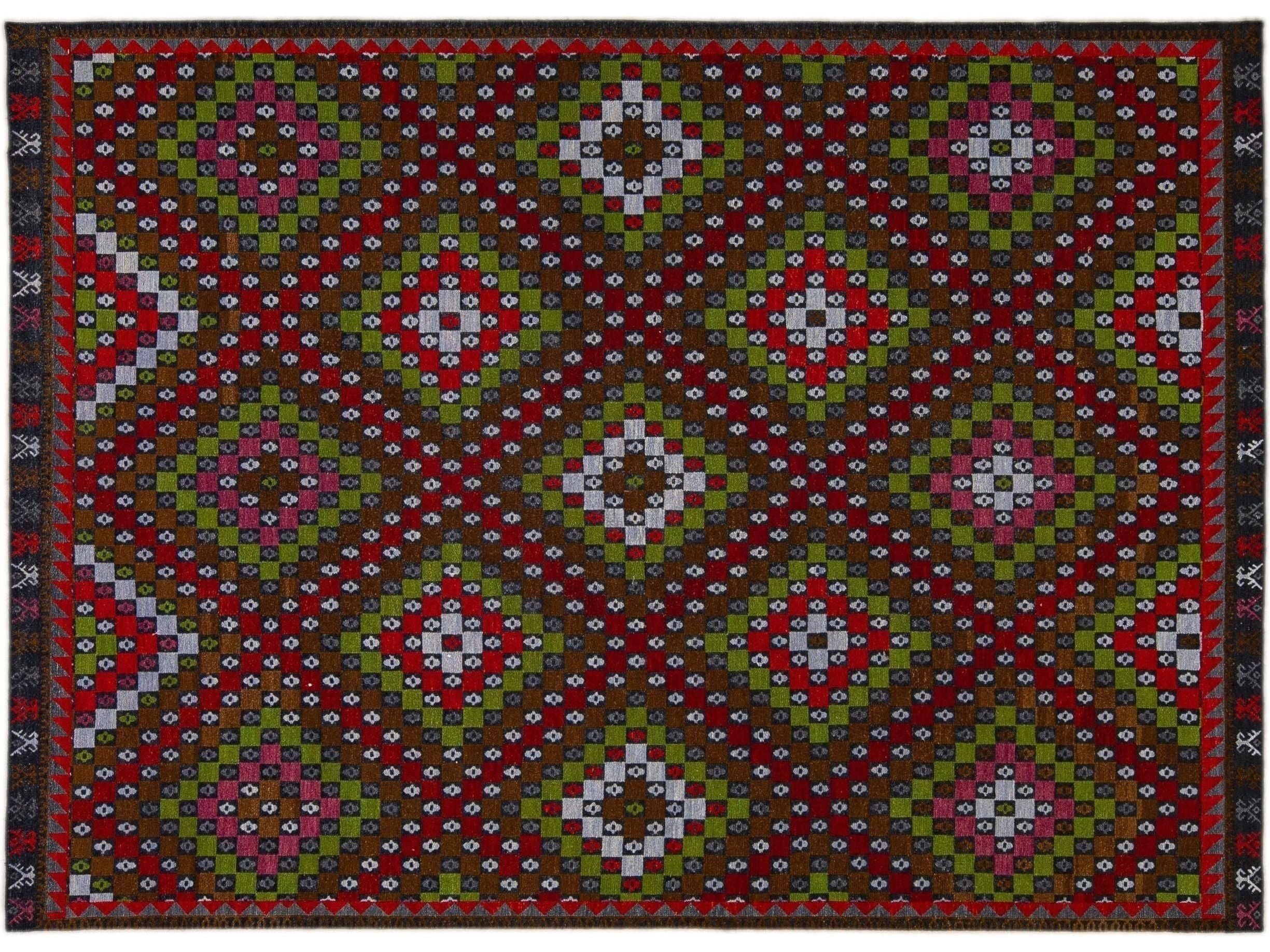 Modern Soumak Handmade Geometric Designed Brown Wool Rug